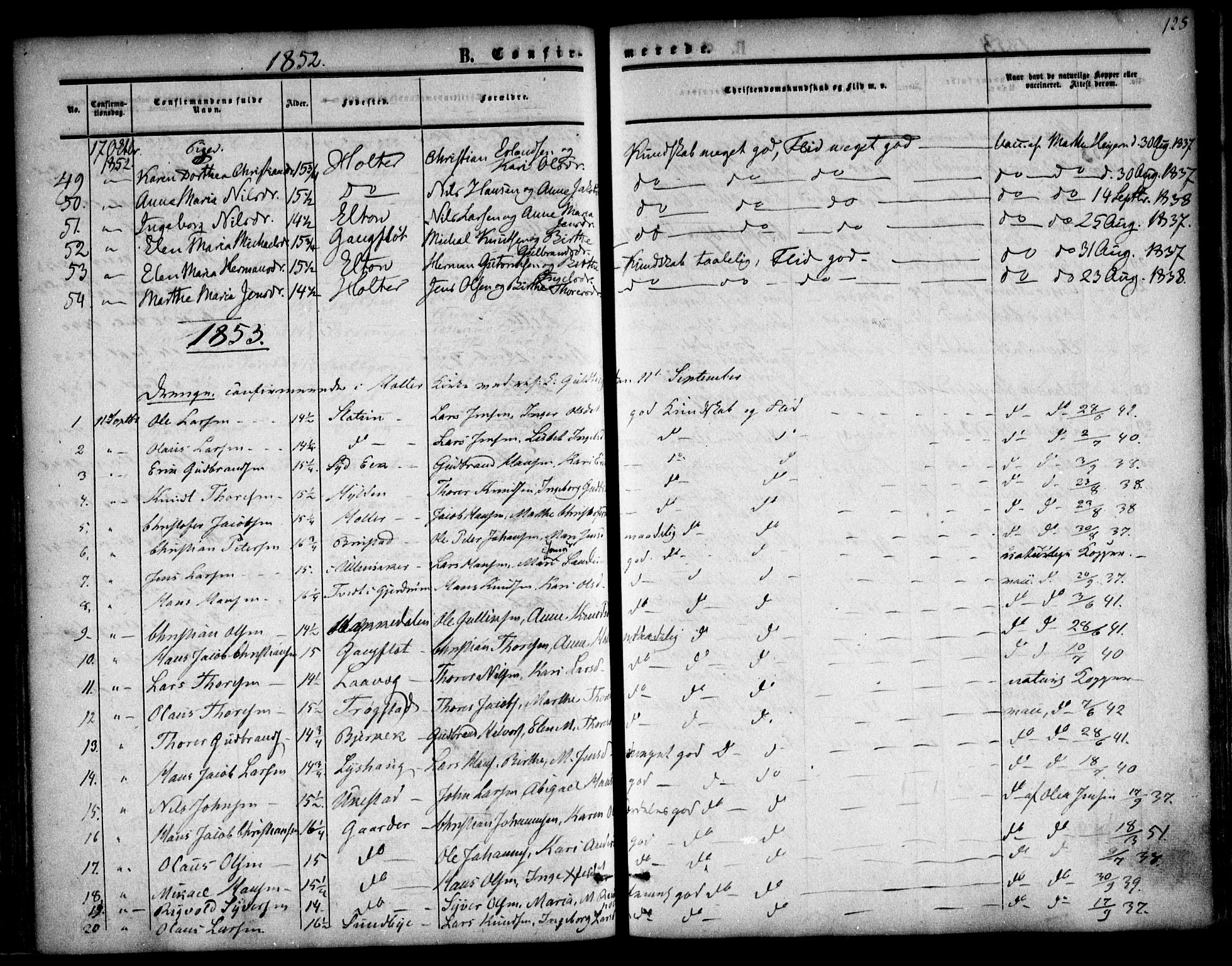 Nannestad prestekontor Kirkebøker, SAO/A-10414a/F/Fa/L0011: Parish register (official) no. I 11, 1850-1859, p. 125