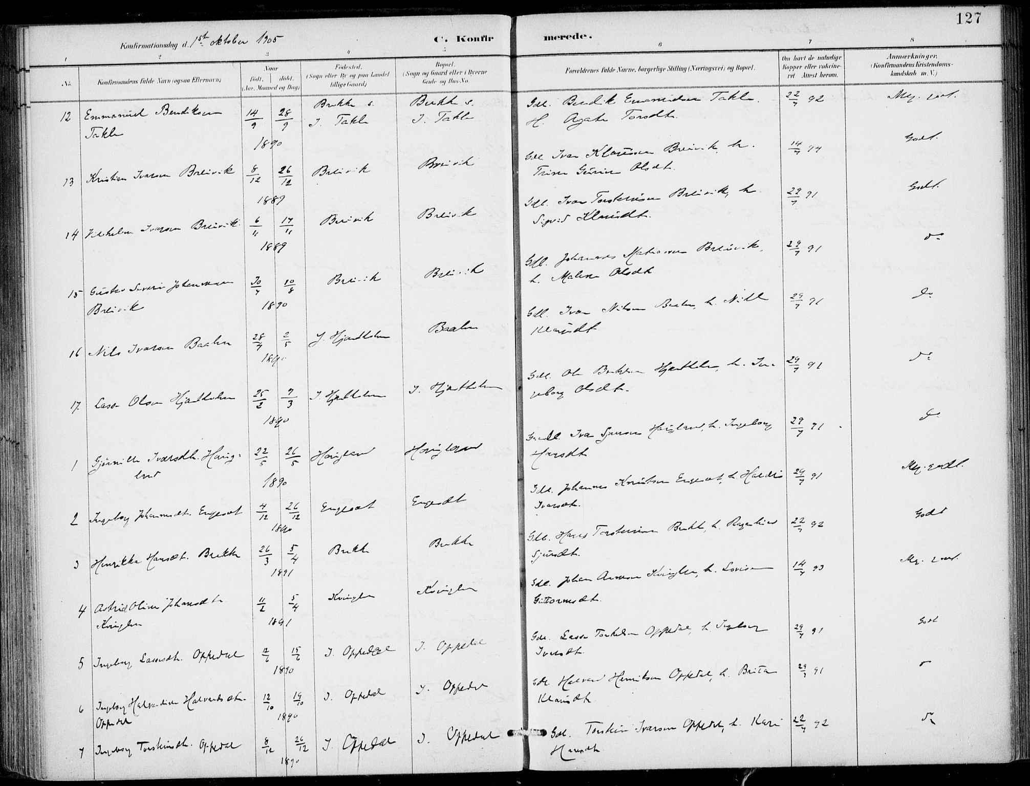 Gulen sokneprestembete, AV/SAB-A-80201/H/Haa/Haac/L0002: Parish register (official) no. C  2, 1882-1914, p. 127