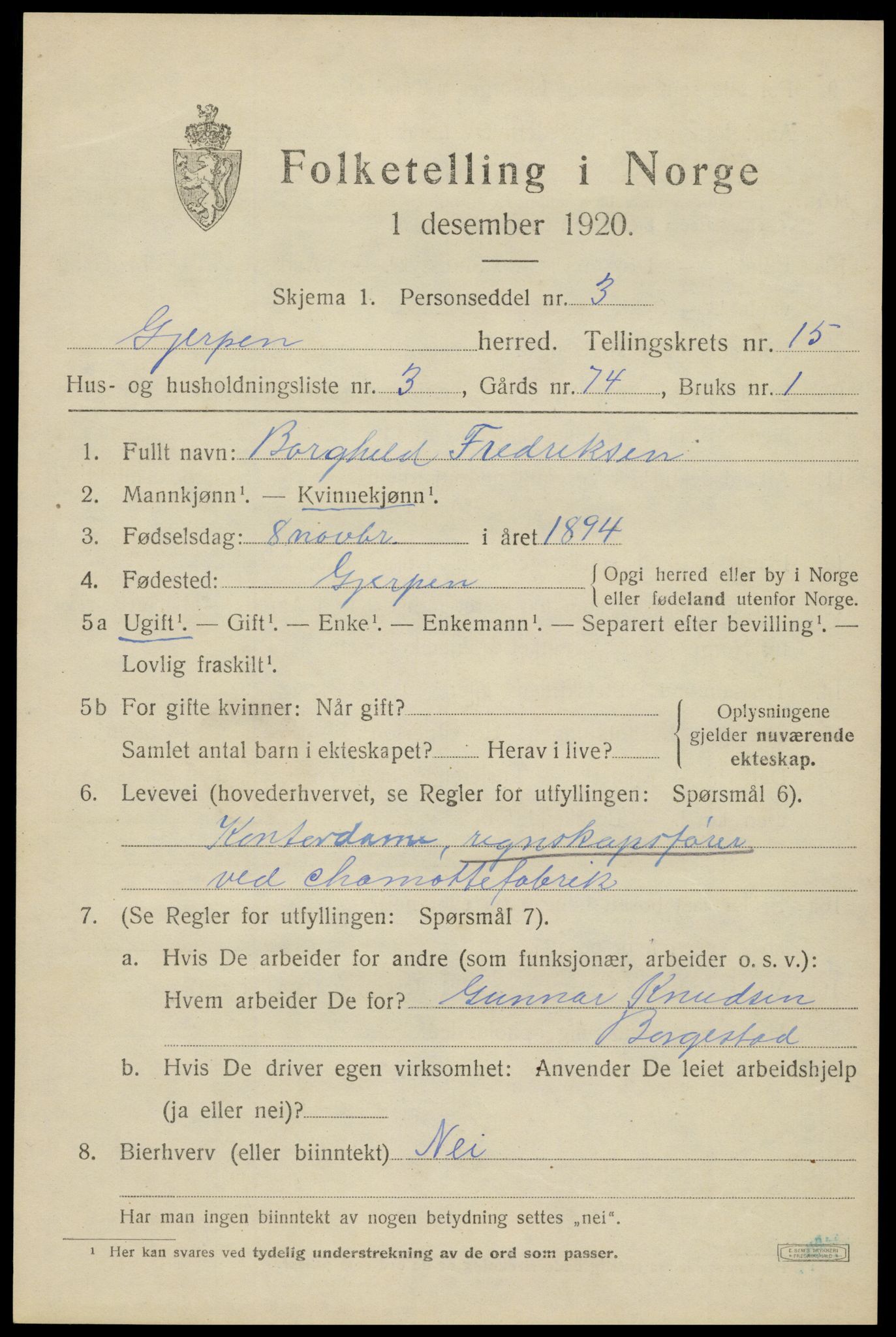 SAKO, 1920 census for Gjerpen, 1920, p. 17246