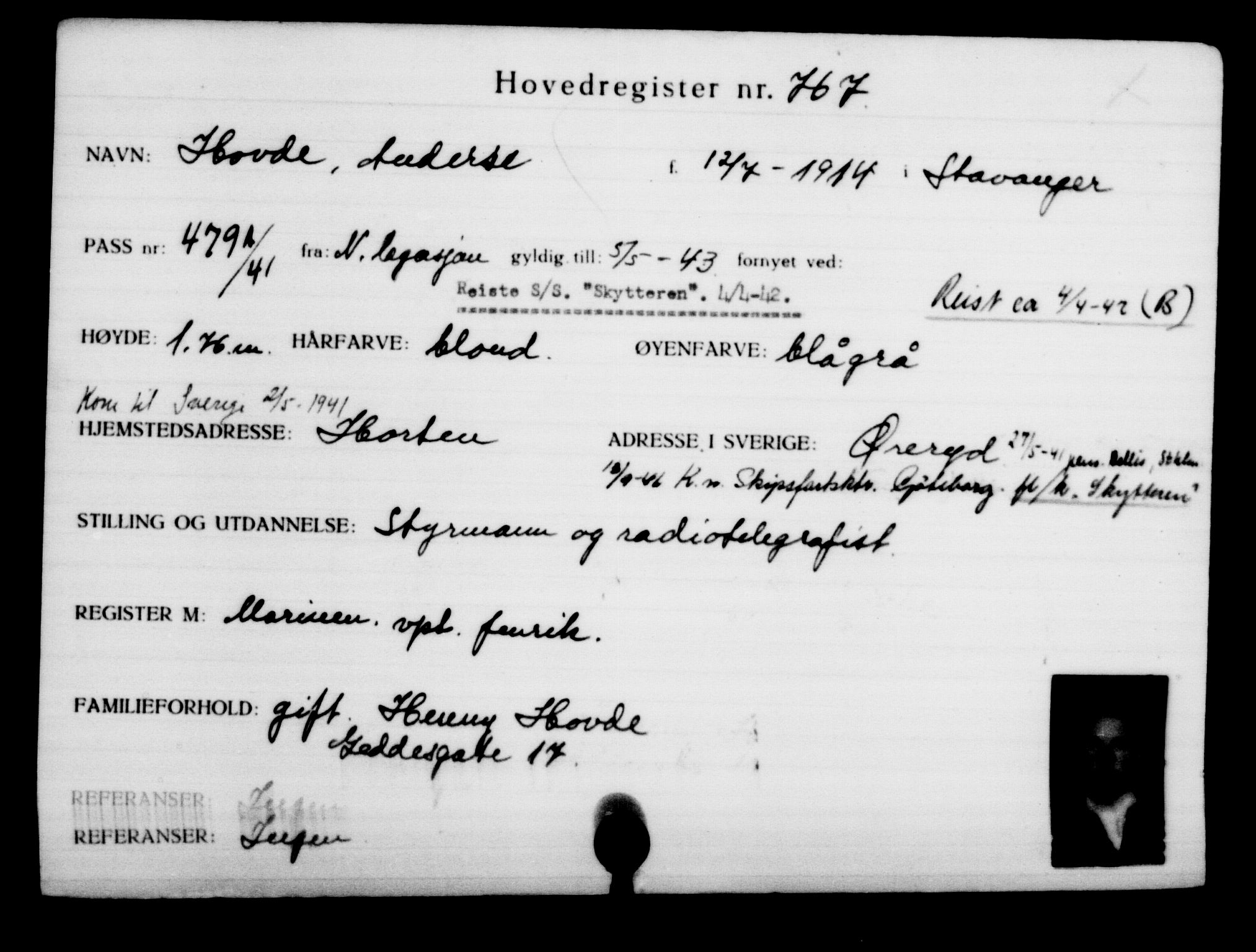Utenriksstasjonene, Legasjonen i Stockholm, Flyktningkontoret, AV/RA-S-6753/V/Va/L0001: Kjesäterkartoteket, flyktninger med registreringsnr. 1-1000, 1940-1945, p. 1212