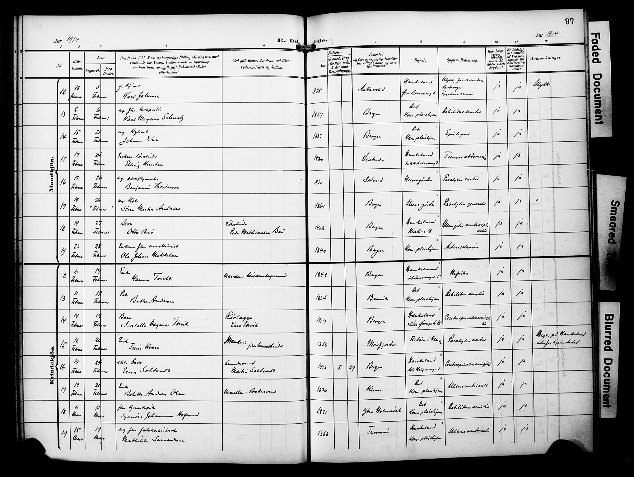 Bergen kommunale pleiehjem - stiftelsespresten, SAB/A-100281: Parish register (official) no. A 6, 1908-1920, p. 97