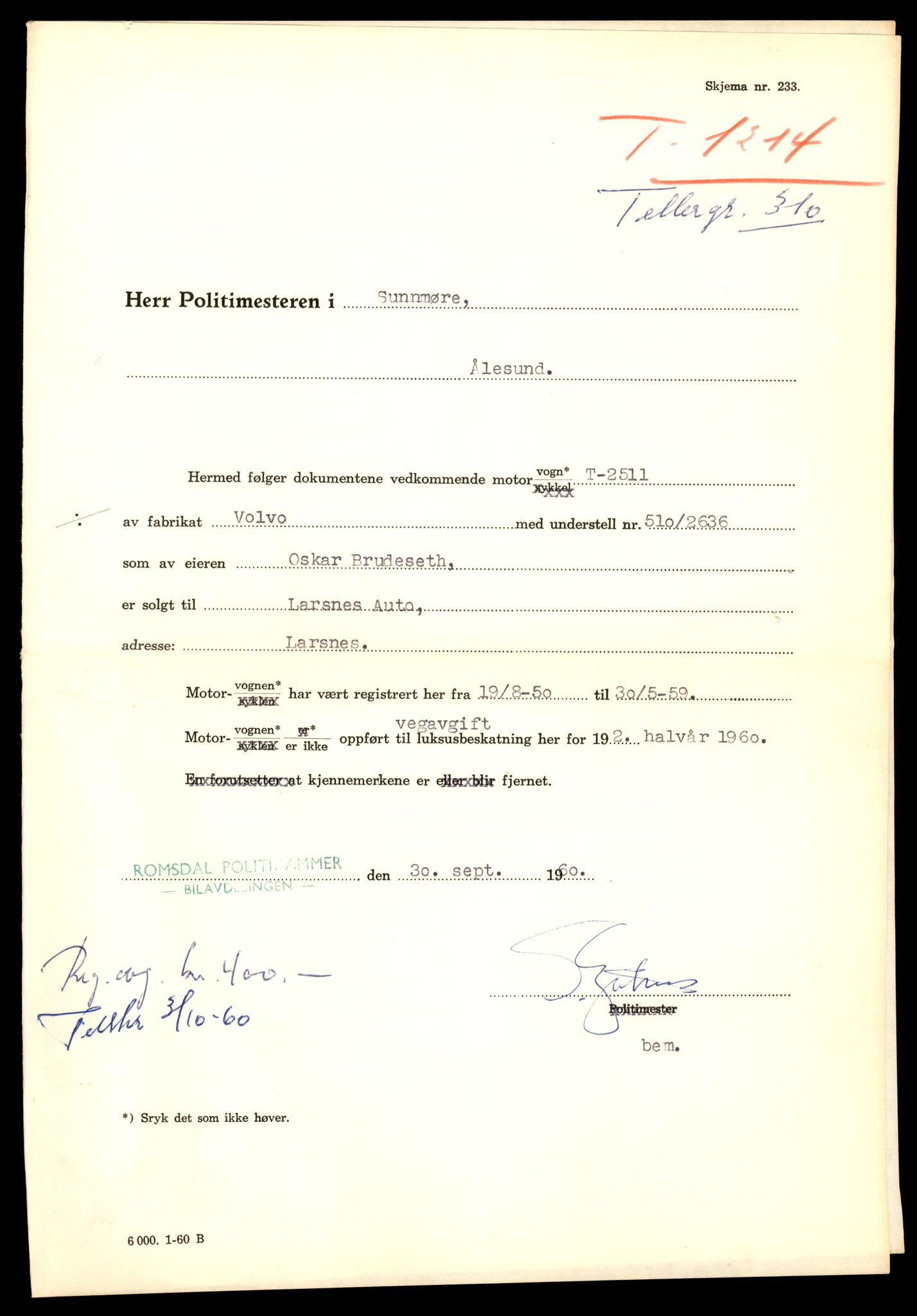 Møre og Romsdal vegkontor - Ålesund trafikkstasjon, AV/SAT-A-4099/F/Fe/L0011: Registreringskort for kjøretøy T 1170 - T 1289, 1927-1998, p. 1393