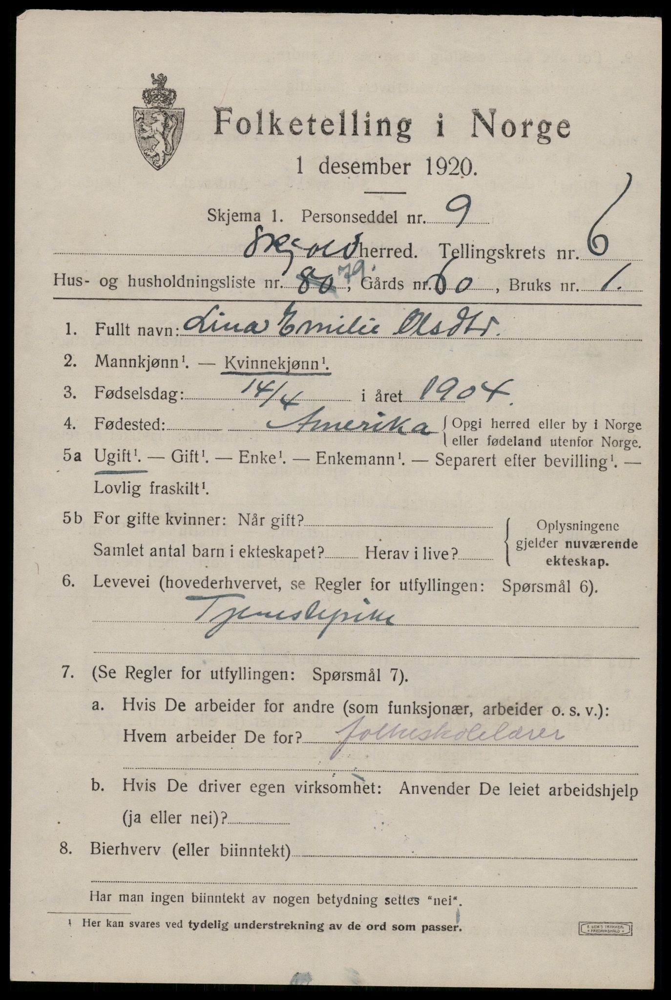 SAST, 1920 census for Skjold, 1920, p. 3886