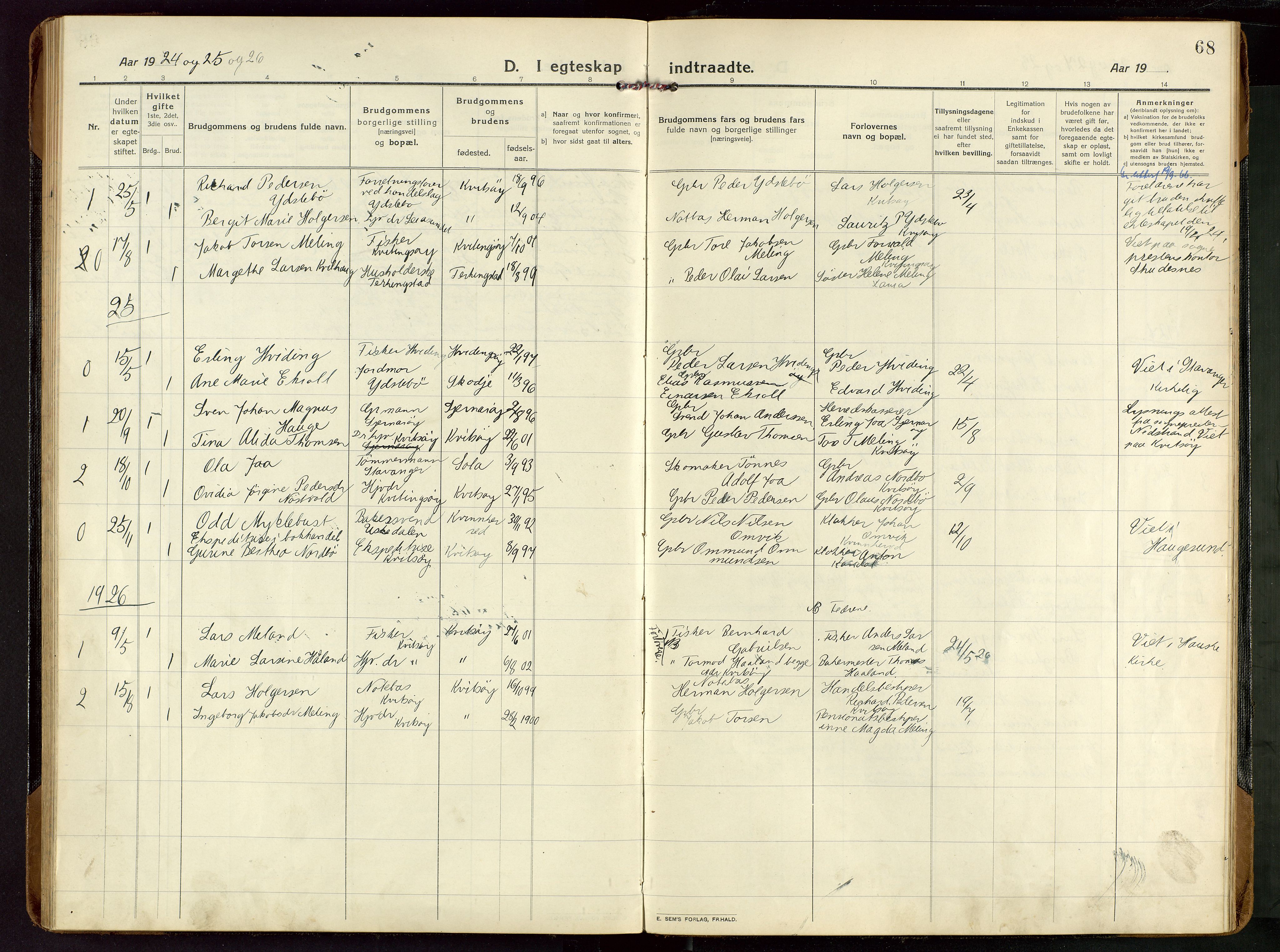 Rennesøy sokneprestkontor, AV/SAST-A -101827/H/Ha/Haa/L0018: Parish register (official) no. A 18, 1917-1937, p. 68