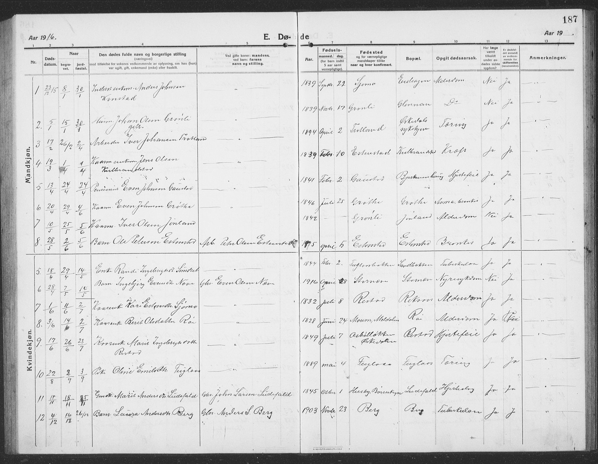 Ministerialprotokoller, klokkerbøker og fødselsregistre - Sør-Trøndelag, SAT/A-1456/694/L1134: Parish register (copy) no. 694C06, 1915-1937, p. 187