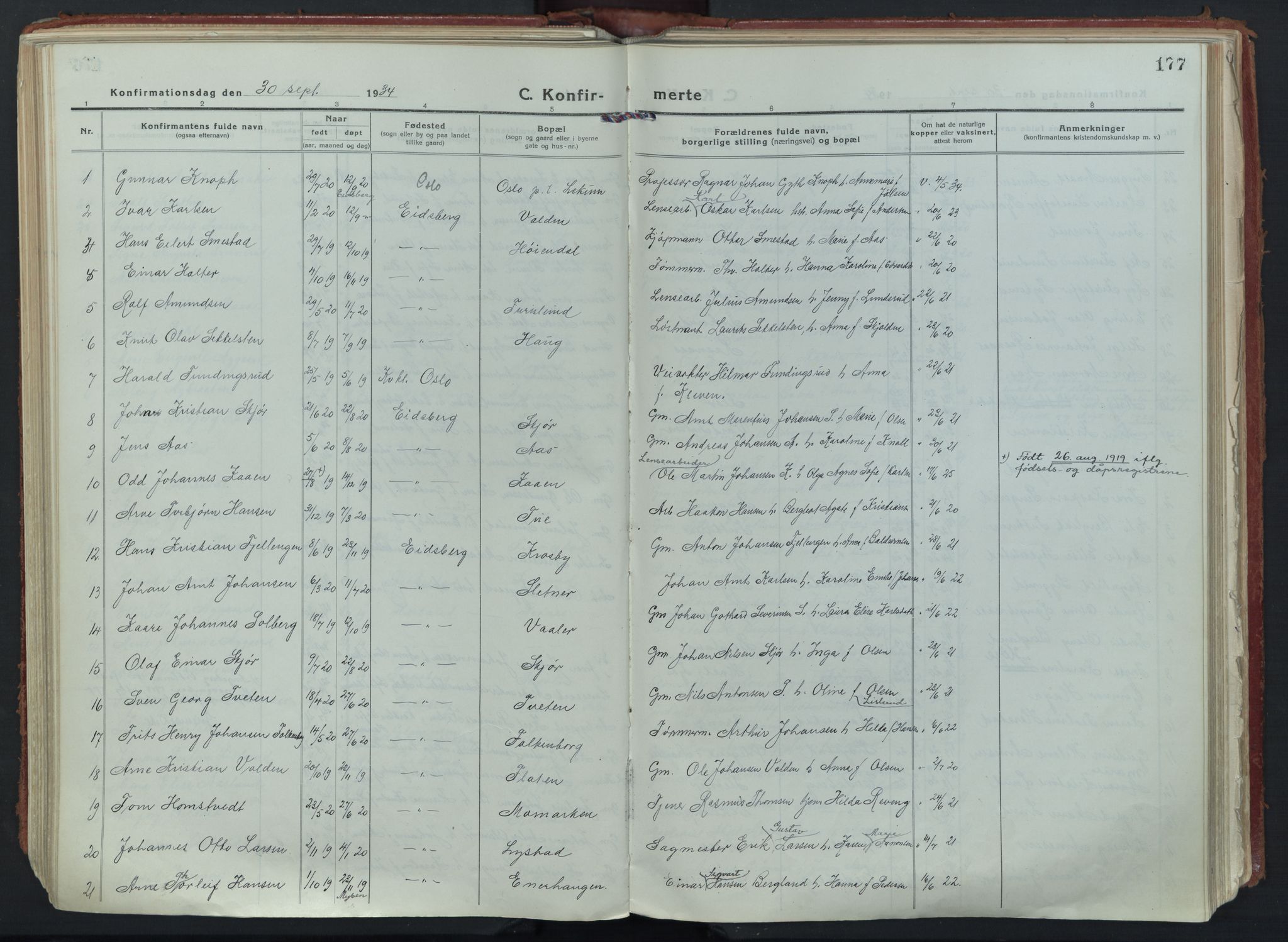 Eidsberg prestekontor Kirkebøker, SAO/A-10905/F/Fa/L0015: Parish register (official) no. I 15, 1920-1937, p. 177