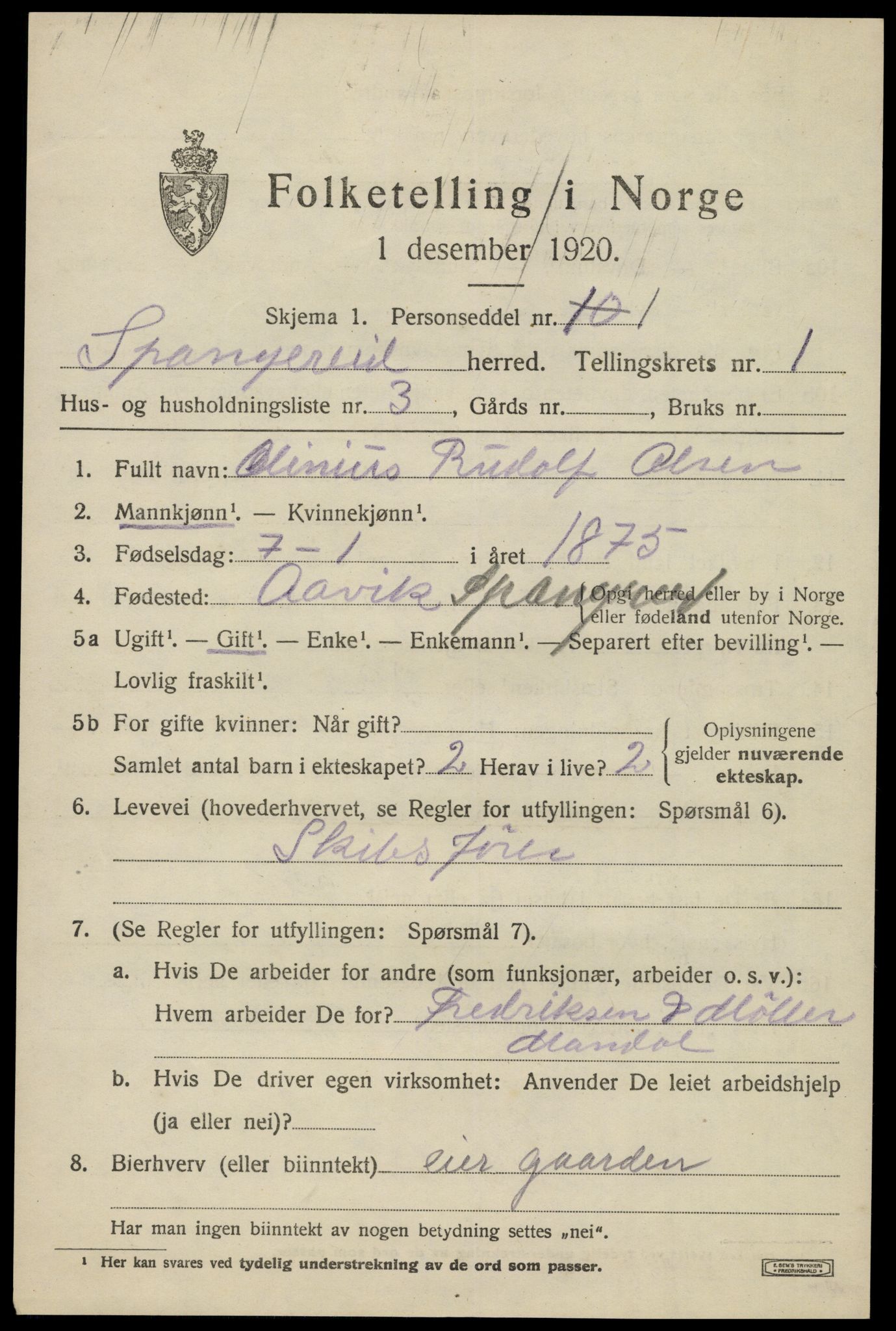 SAK, 1920 census for Spangereid, 1920, p. 851