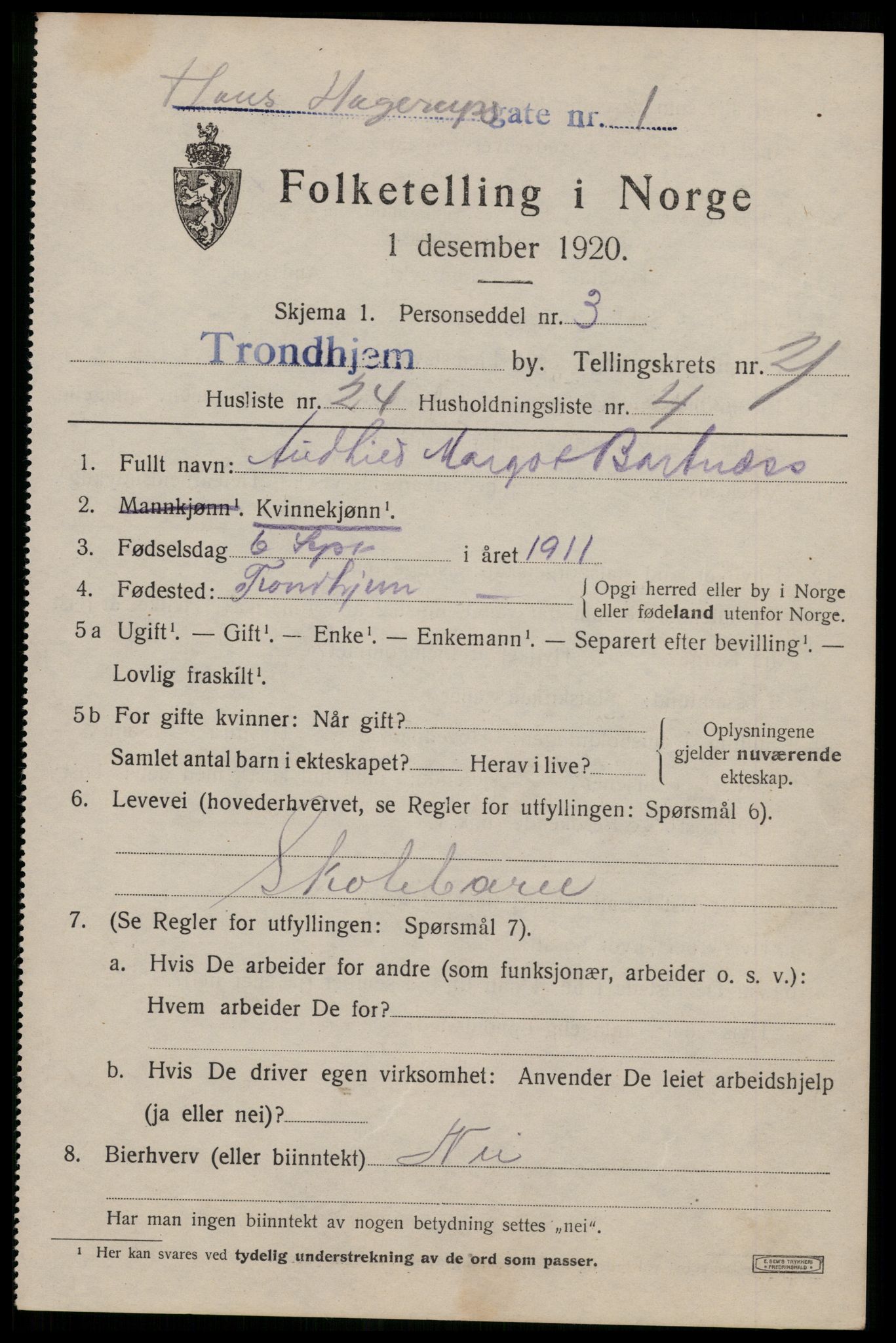 SAT, 1920 census for Trondheim, 1920, p. 61492