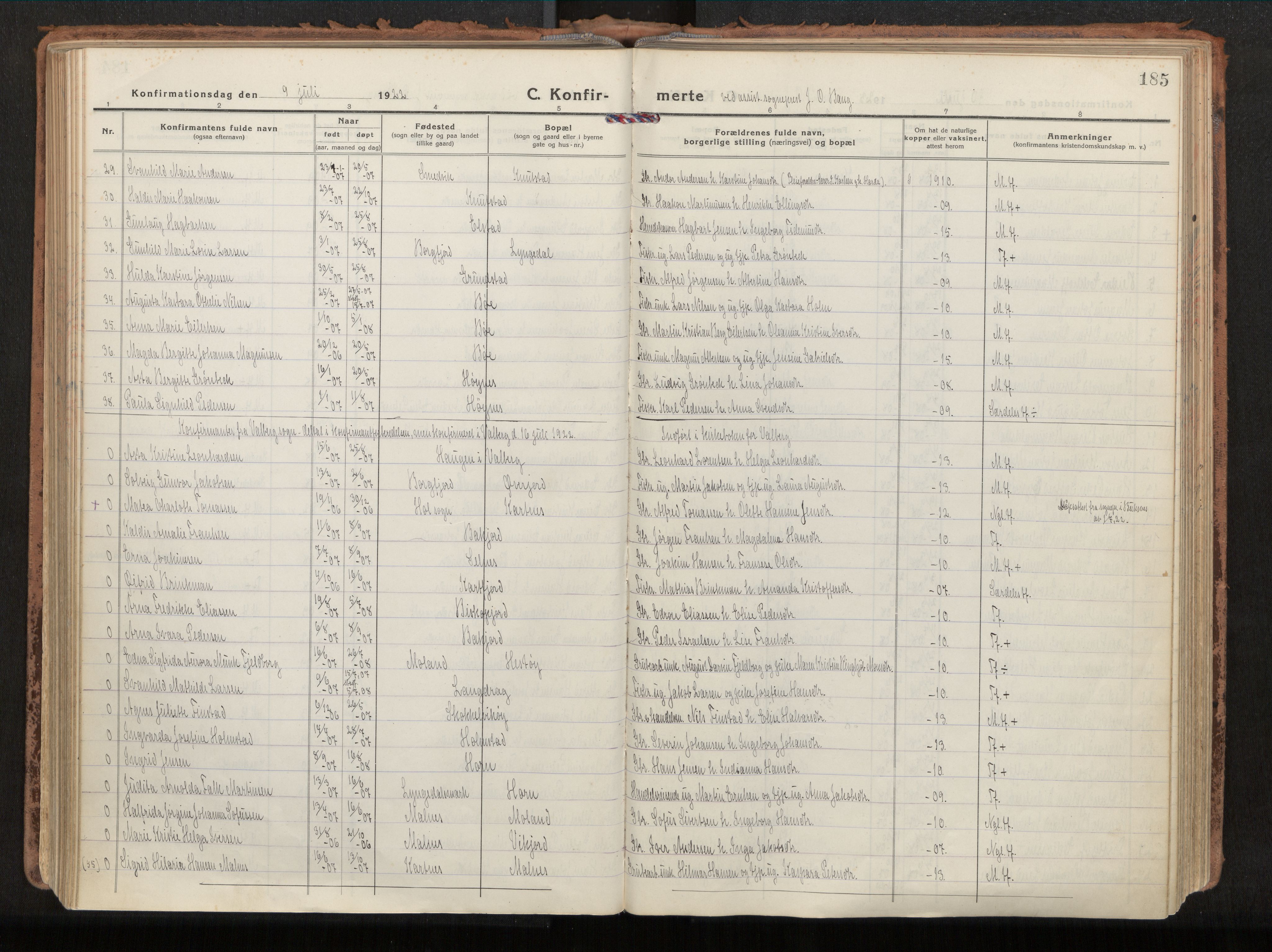 Ministerialprotokoller, klokkerbøker og fødselsregistre - Nordland, SAT/A-1459/880/L1136: Parish register (official) no. 880A10, 1919-1927, p. 185