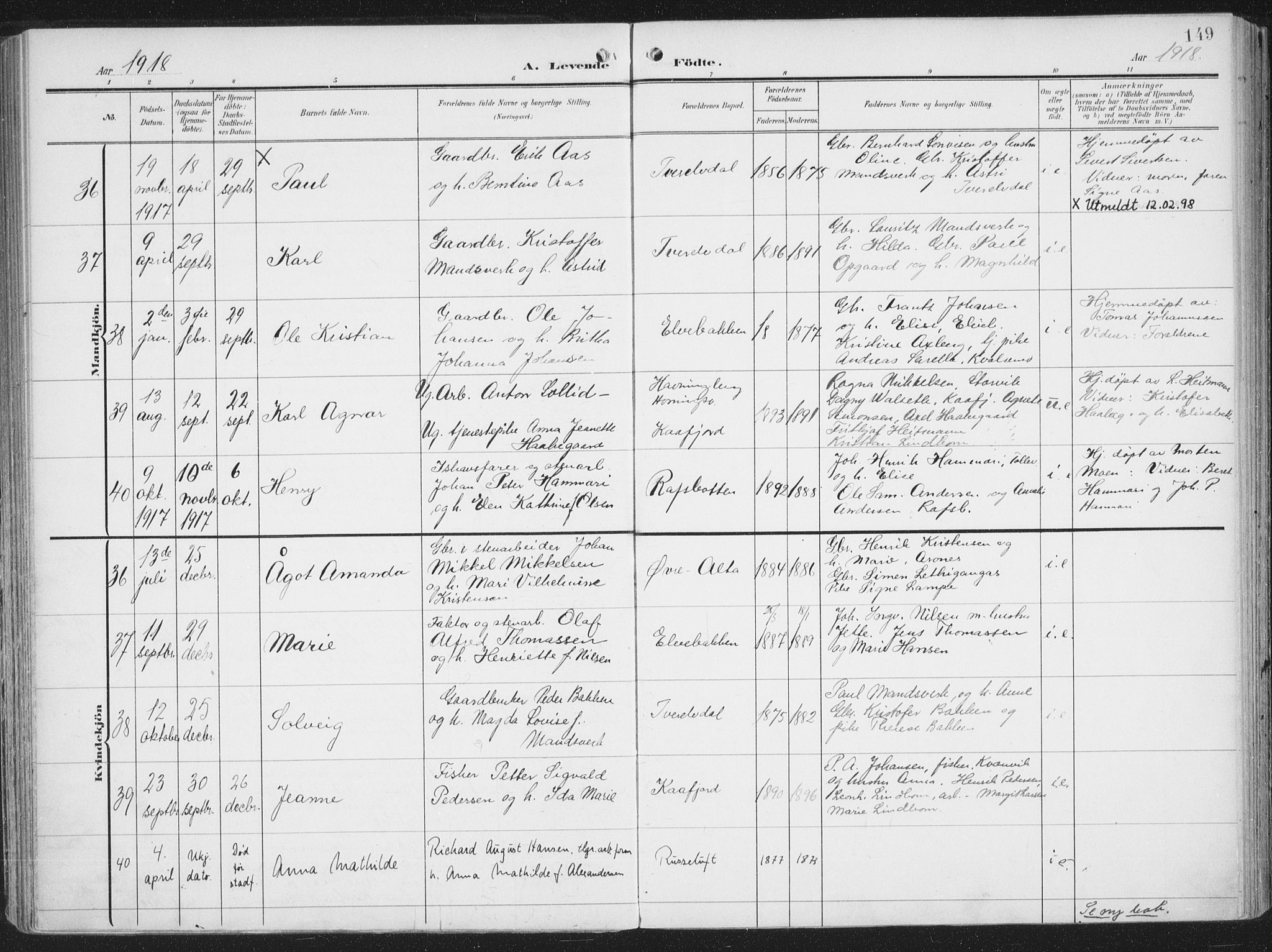 Alta sokneprestkontor, SATØ/S-1338/H/Ha/L0005.kirke: Parish register (official) no. 5, 1904-1918, p. 149