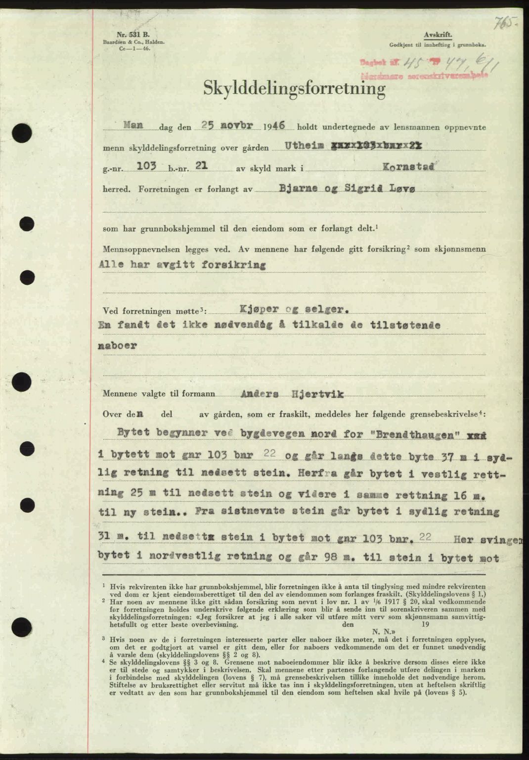 Nordmøre sorenskriveri, AV/SAT-A-4132/1/2/2Ca: Mortgage book no. A103, 1946-1947, Diary no: : 45/1947