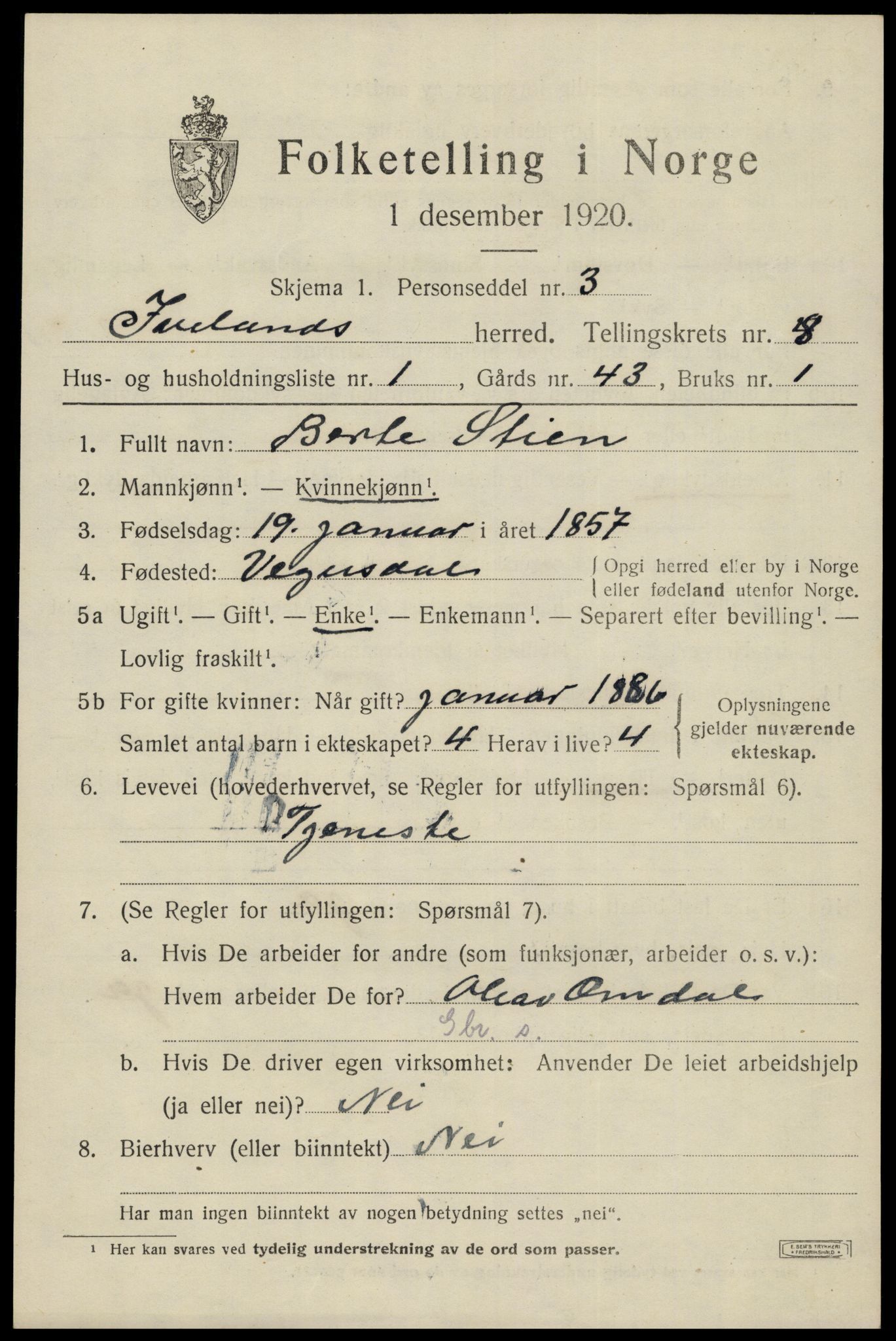 SAK, 1920 census for Iveland, 1920, p. 2293