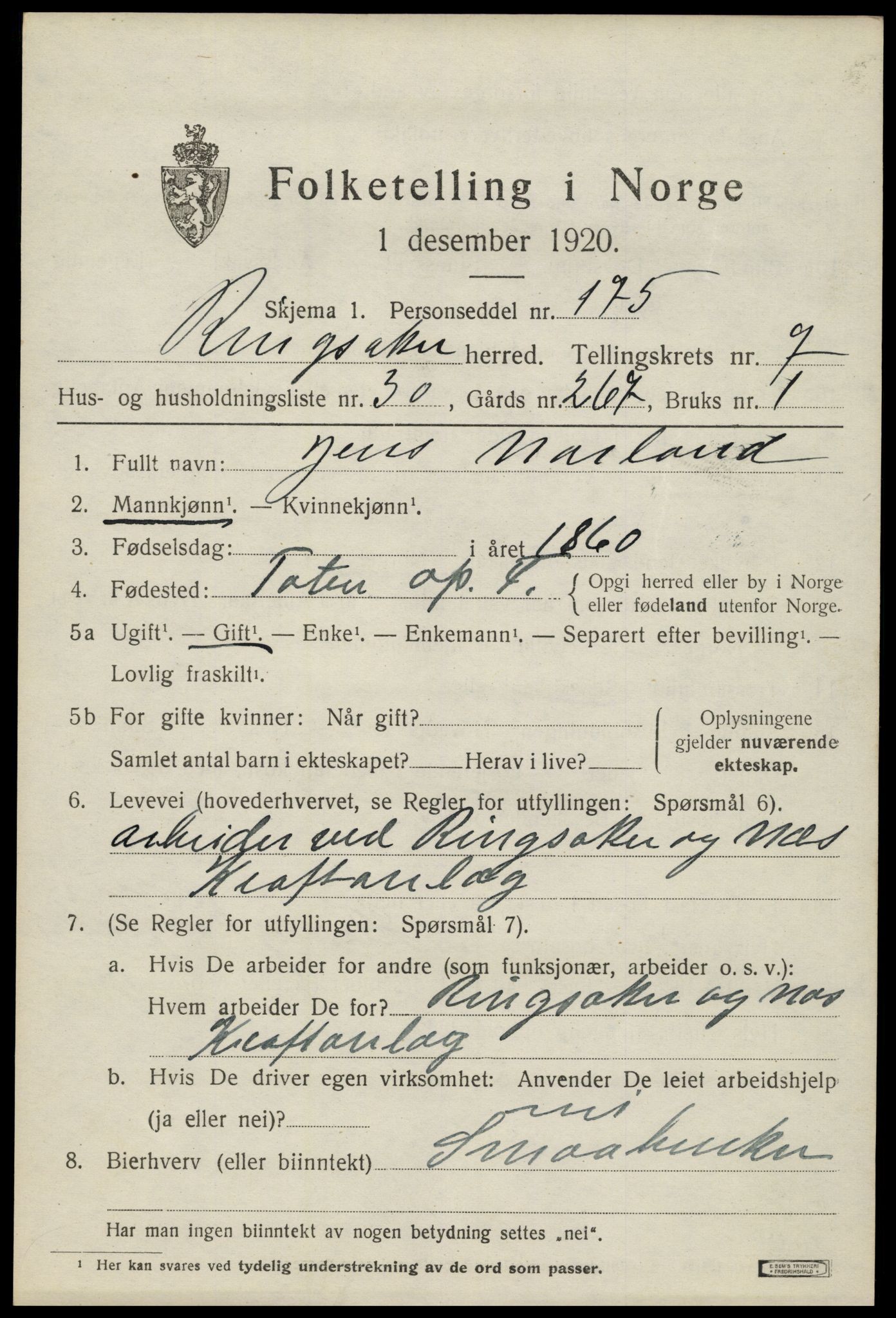 SAH, 1920 census for Ringsaker, 1920, p. 15440