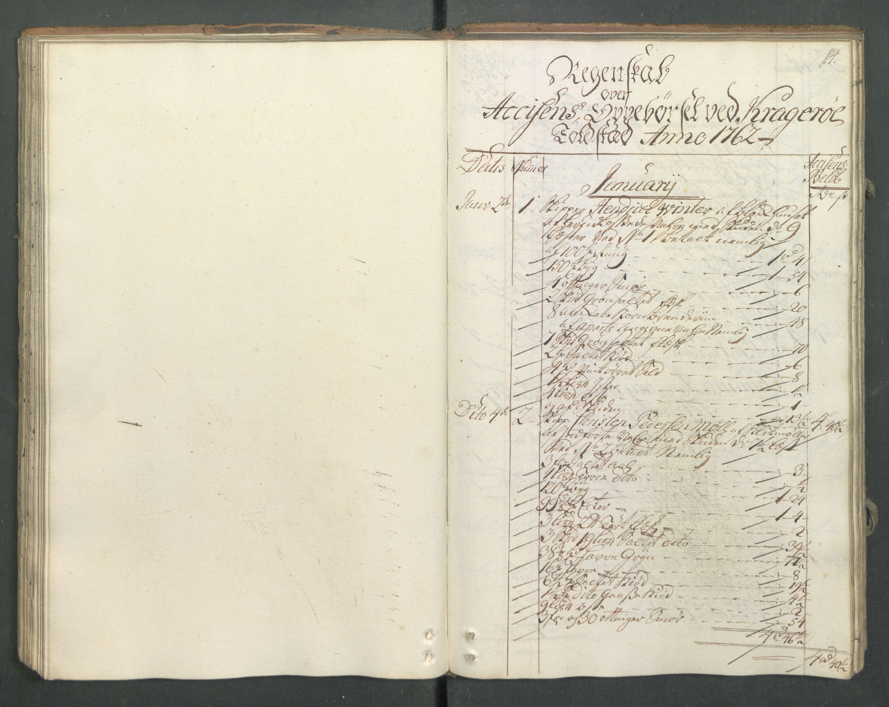 Generaltollkammeret, tollregnskaper, AV/RA-EA-5490/R13/L0032/0001: Tollregnskaper Kragerø / Inngående hovedtollbok, 1762, p. 113b-114a