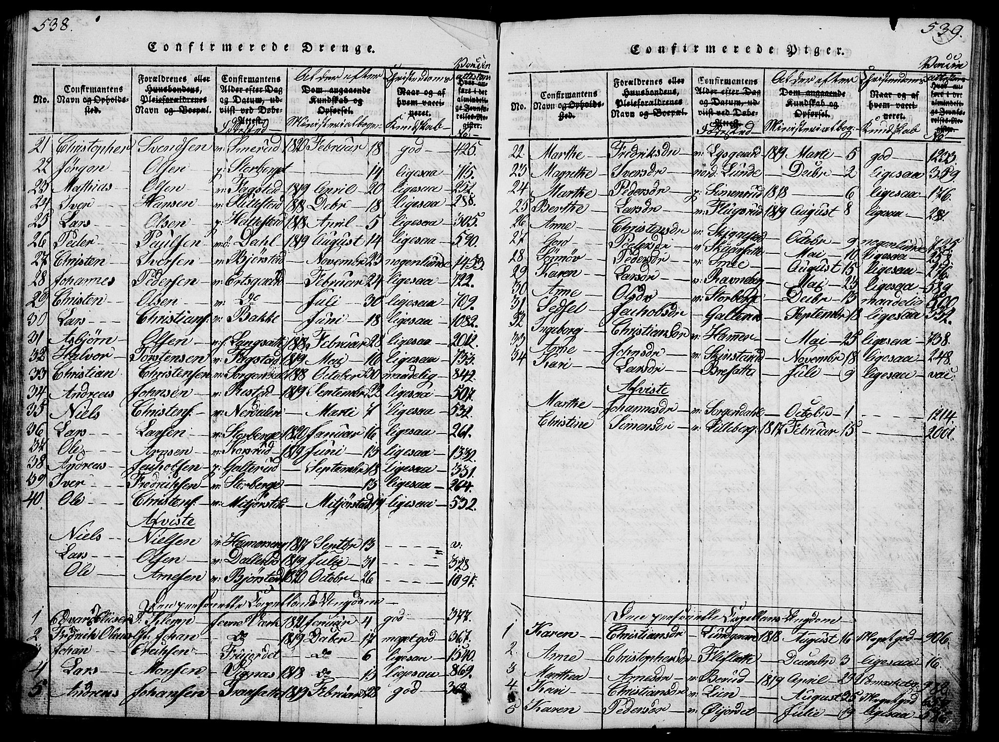 Fåberg prestekontor, SAH/PREST-086/H/Ha/Hab/L0004: Parish register (copy) no. 4, 1818-1837, p. 538-539