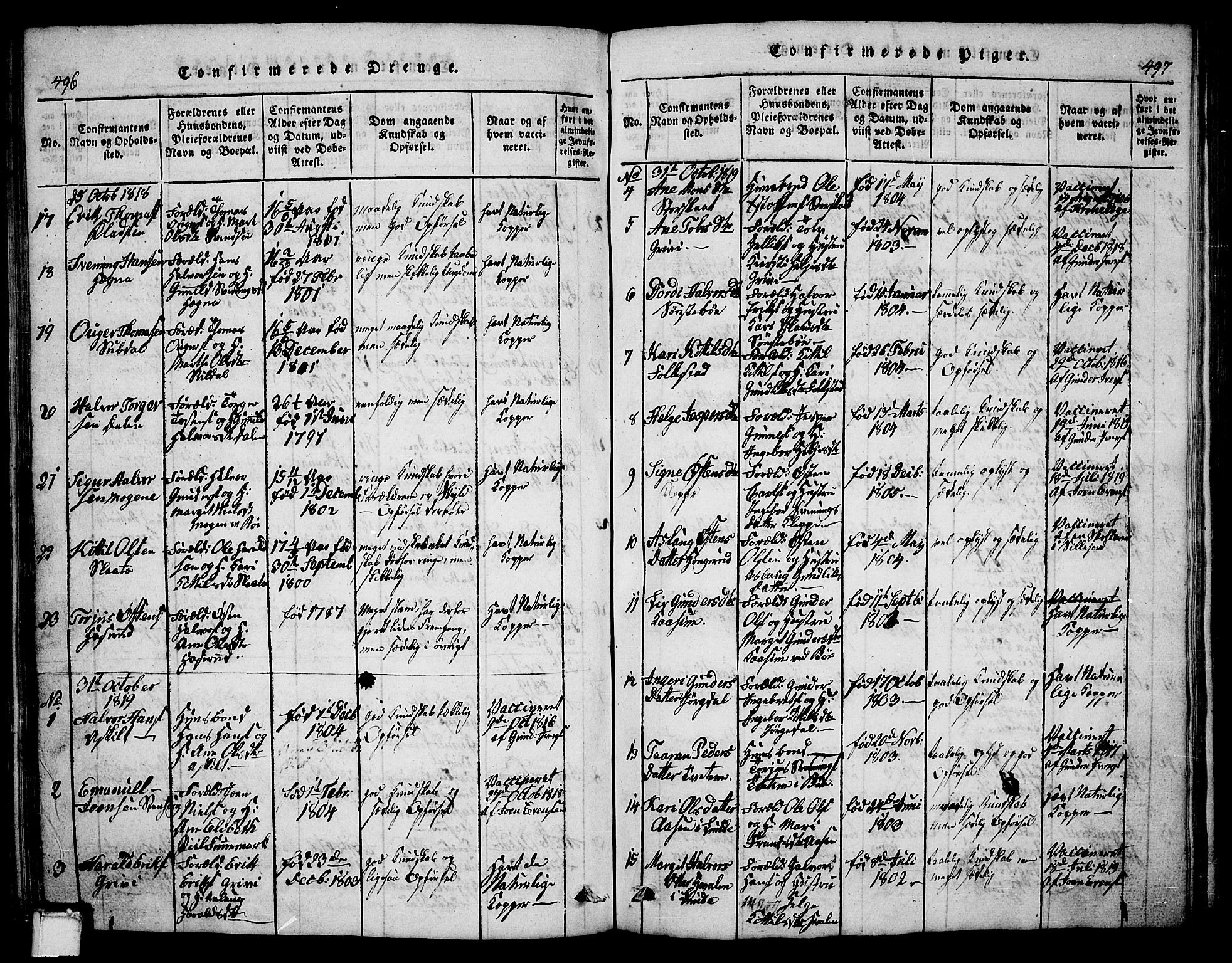 Bø kirkebøker, AV/SAKO-A-257/G/Ga/L0001: Parish register (copy) no. 1, 1815-1831, p. 496-497