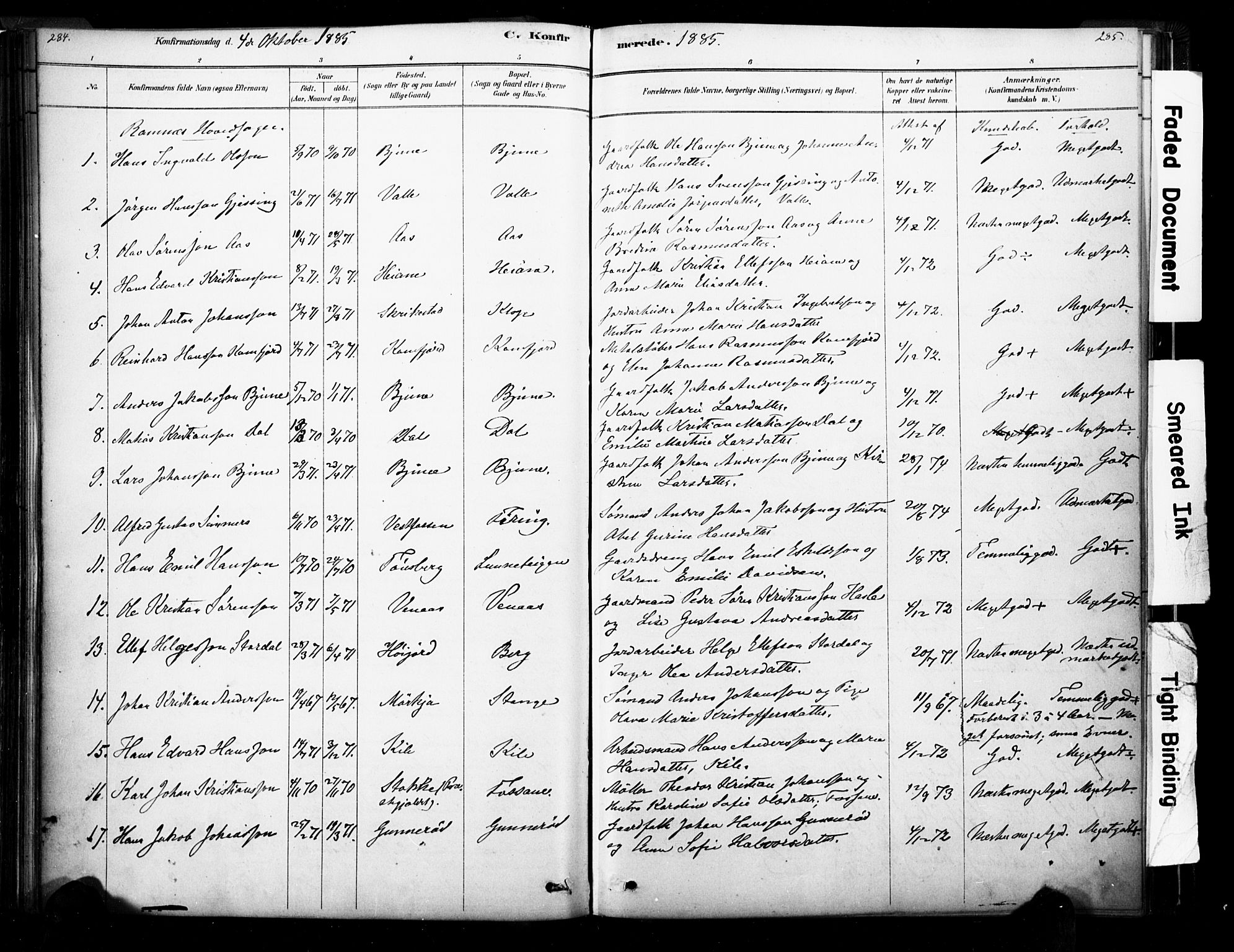 Ramnes kirkebøker, AV/SAKO-A-314/F/Fa/L0007: Parish register (official) no. I 7, 1878-1895, p. 284-285