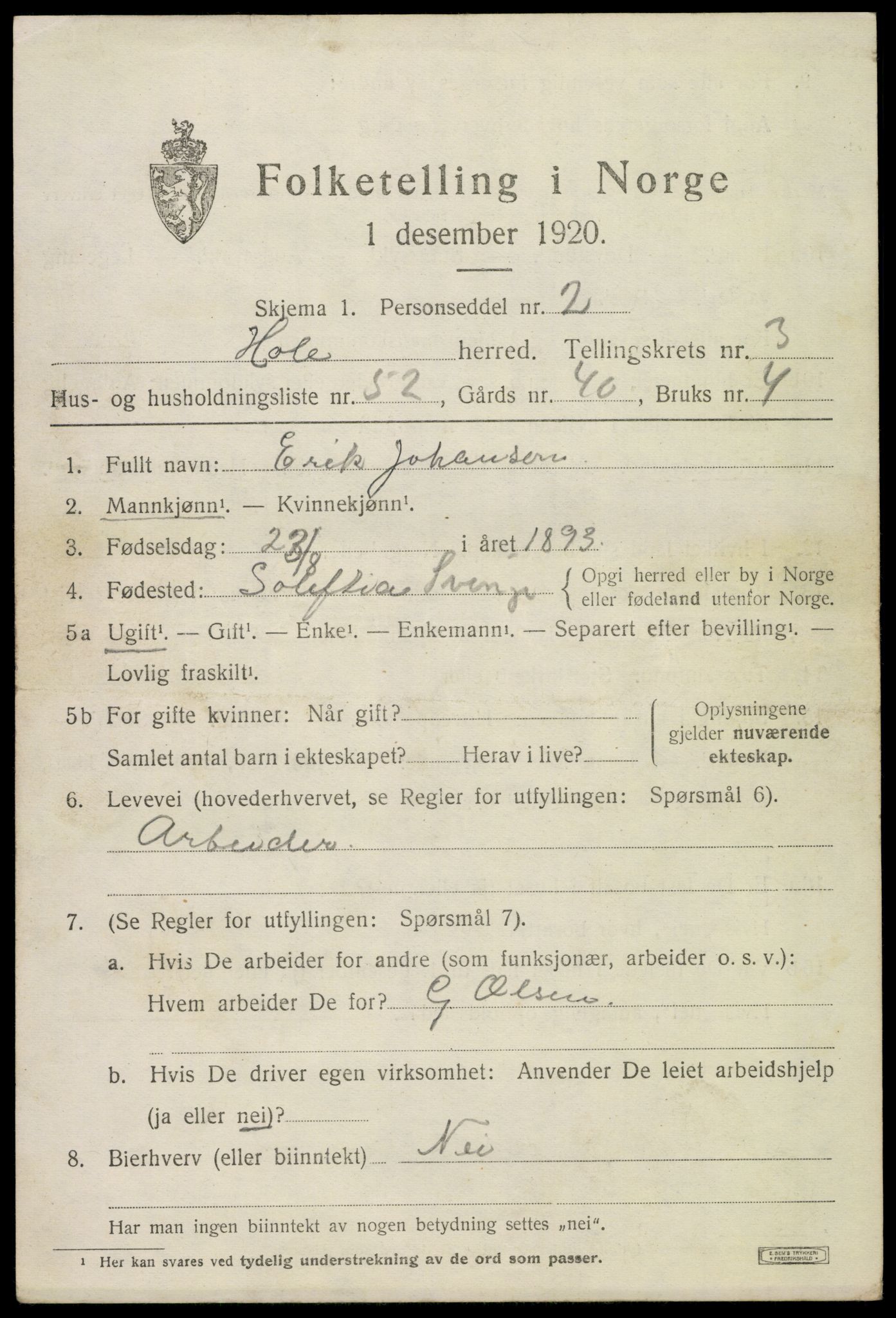 SAKO, 1920 census for Hole, 1920, p. 3135