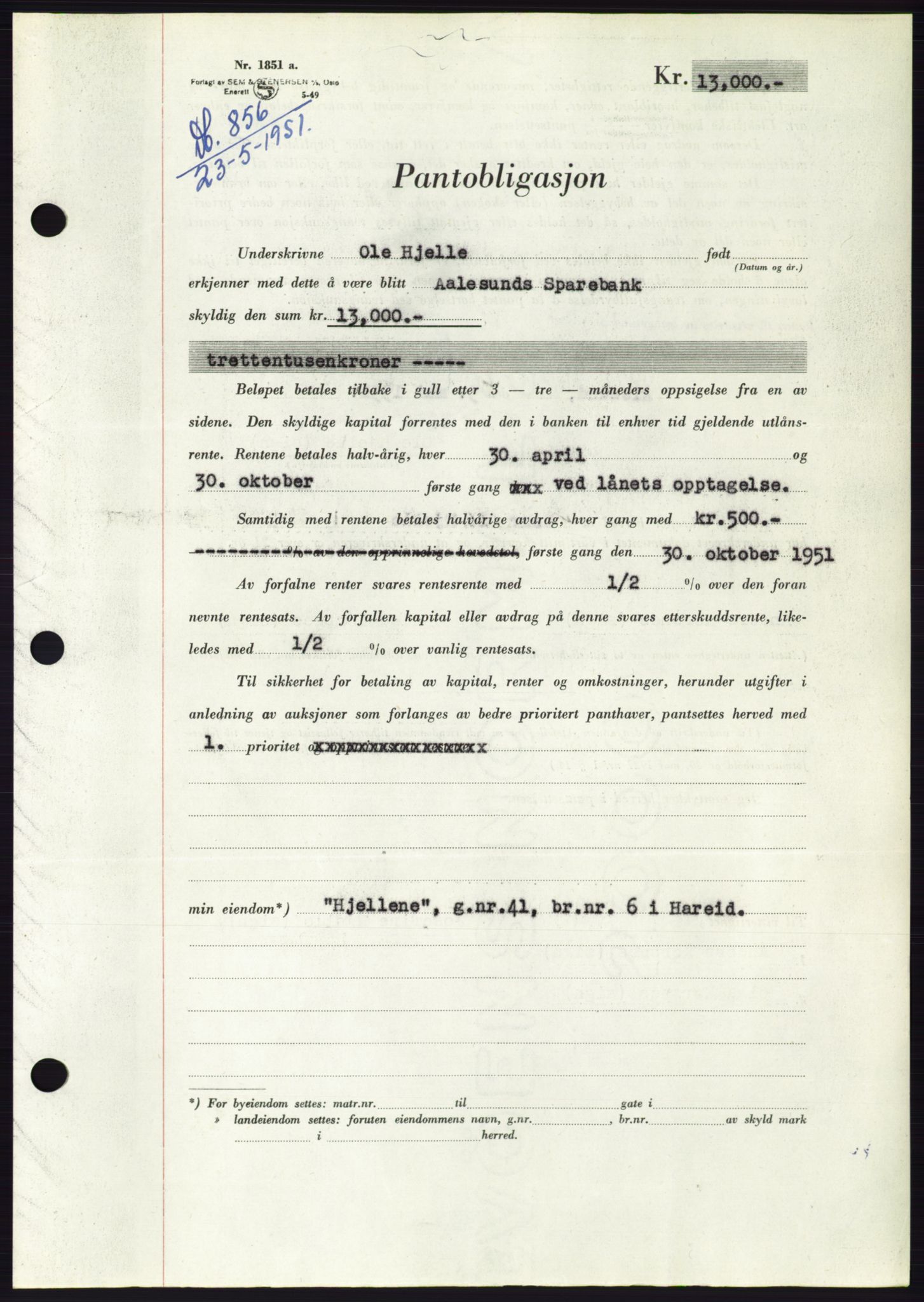 Søre Sunnmøre sorenskriveri, AV/SAT-A-4122/1/2/2C/L0120: Mortgage book no. 8B, 1951-1951, Diary no: : 856/1951