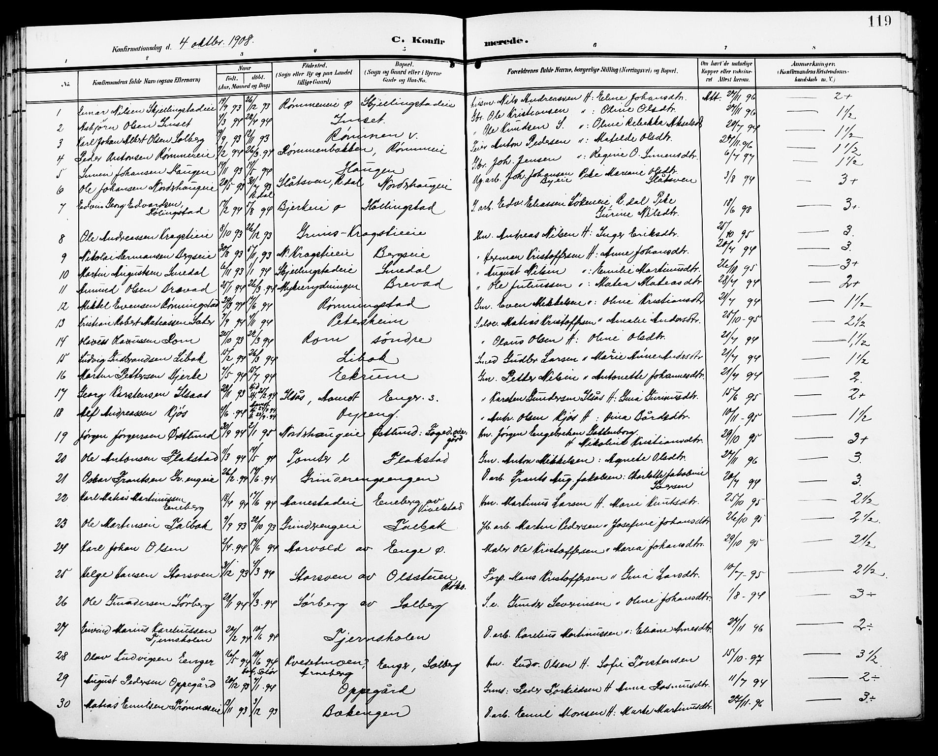 Løten prestekontor, AV/SAH-PREST-022/L/La/L0007: Parish register (copy) no. 7, 1910-1919, p. 119