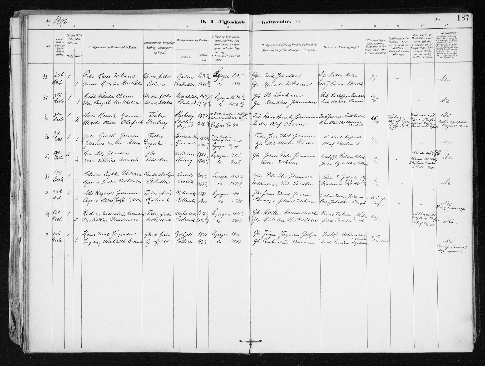 Lyngen sokneprestembete, SATØ/S-1289/H/He/Hea/L0008kirke: Parish register (official) no. 8, 1891-1902, p. 187