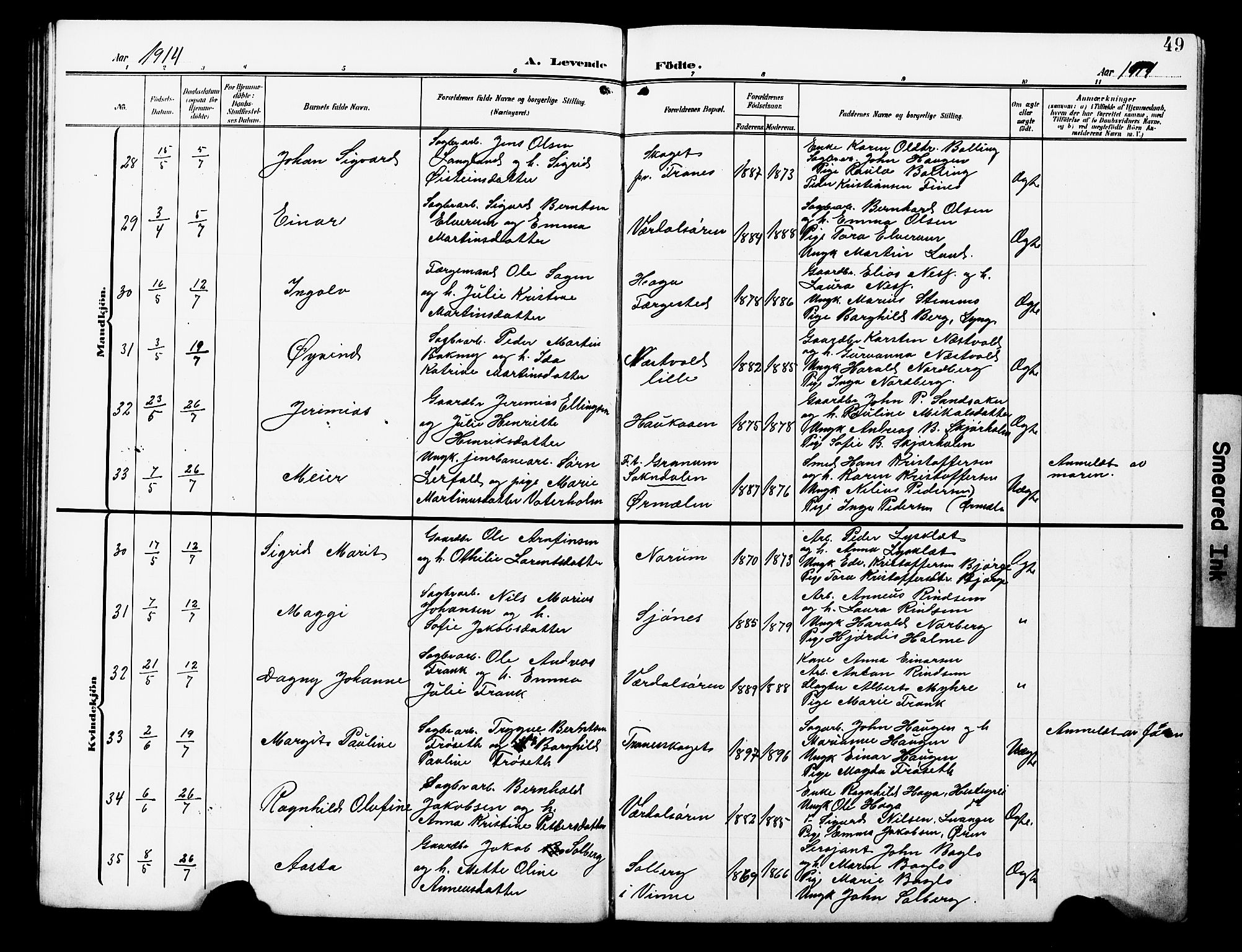 Ministerialprotokoller, klokkerbøker og fødselsregistre - Nord-Trøndelag, AV/SAT-A-1458/723/L0258: Parish register (copy) no. 723C06, 1908-1927, p. 49