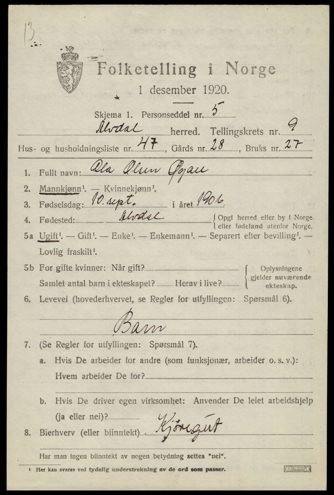 SAH, 1920 census for Alvdal, 1920, p. 5452