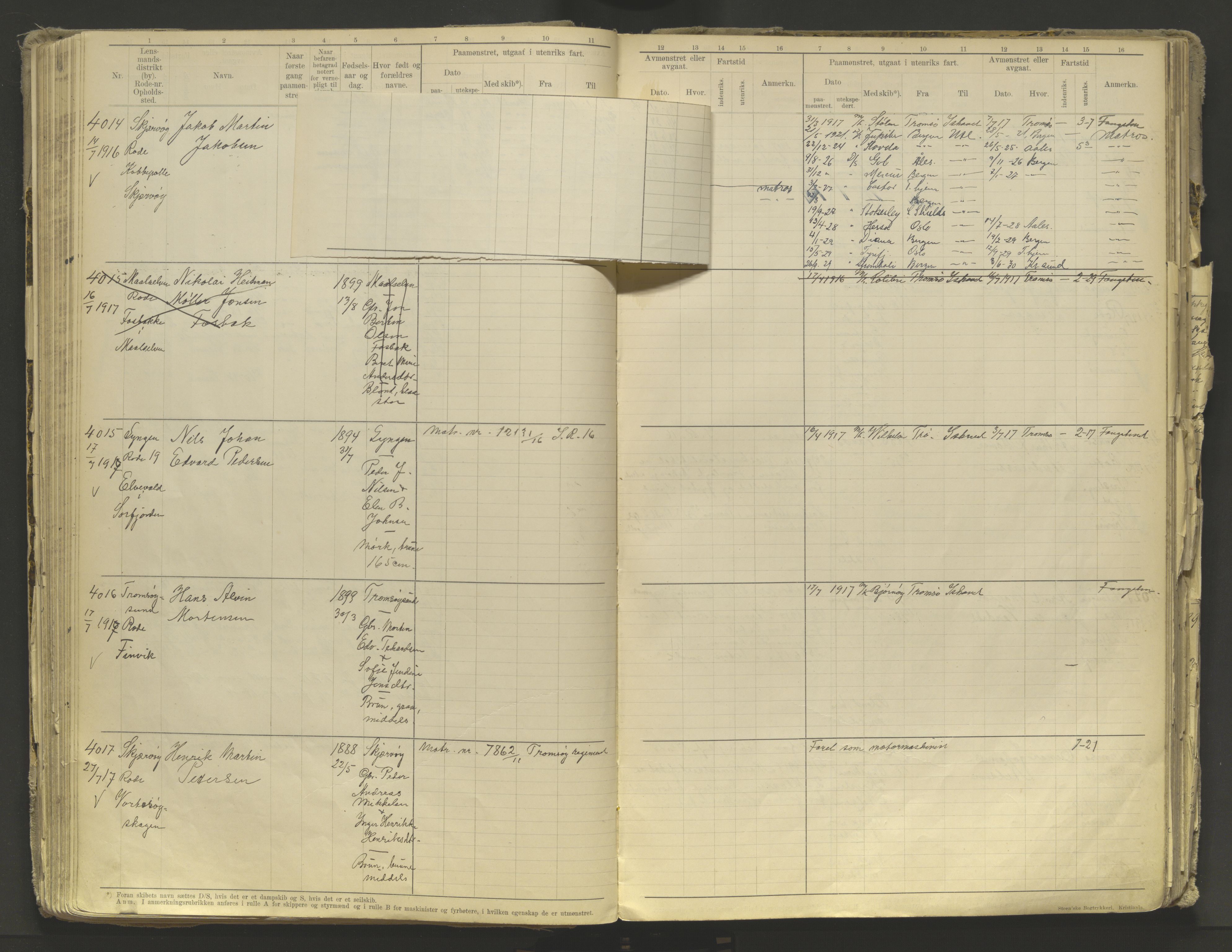 Tromsø sjømannskontor/innrullerings-/mønstringsdistrikt, AV/SATØ-S-0243/F/Fb/L0010: Annotasjonsrulle. Defekt: løs innbinding. Nr. 3519-4972, 1916-1920