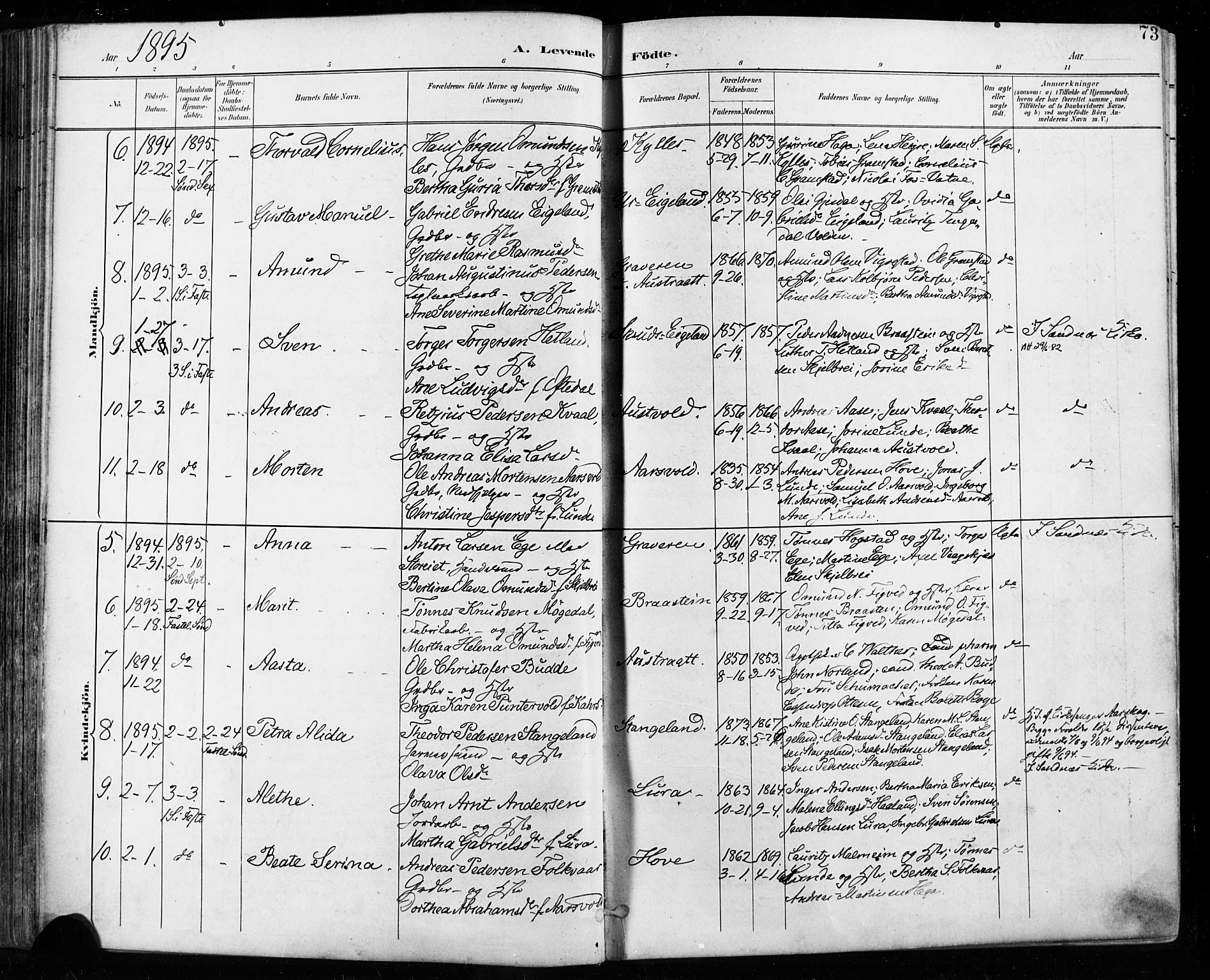 Høyland sokneprestkontor, AV/SAST-A-101799/001/30BA/L0013: Parish register (official) no. A 13.1, 1889-1898, p. 73