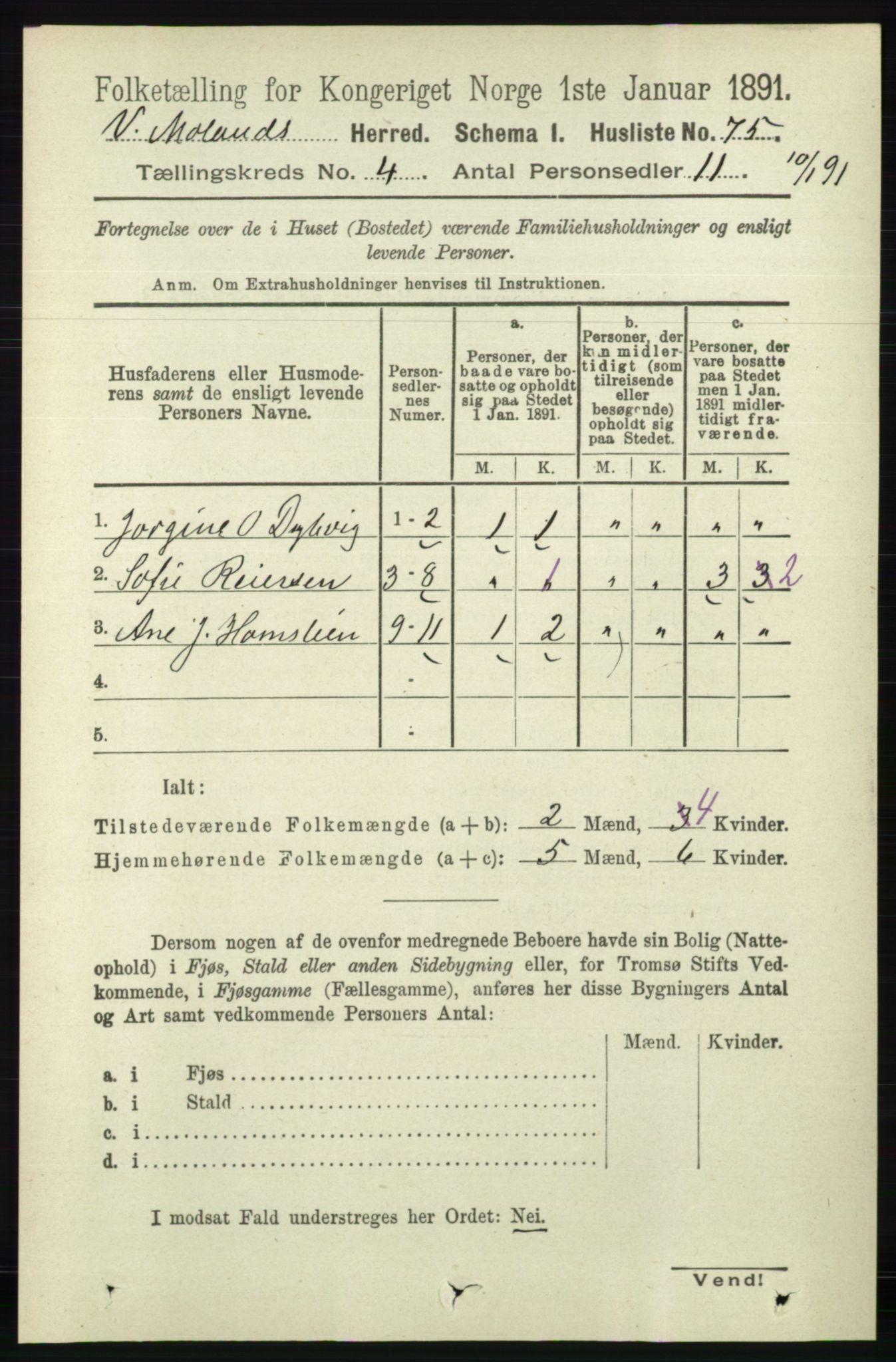 RA, 1891 census for 0926 Vestre Moland, 1891, p. 1218