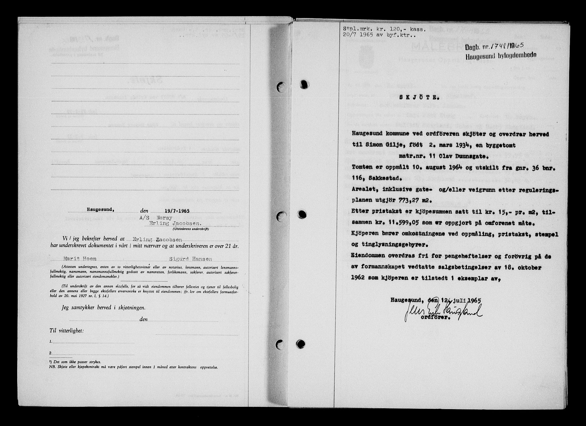 Haugesund tingrett, AV/SAST-A-101415/01/II/IIC/L0076: Mortgage book no. A 17, 1965-1966, Diary no: : 1748/1965