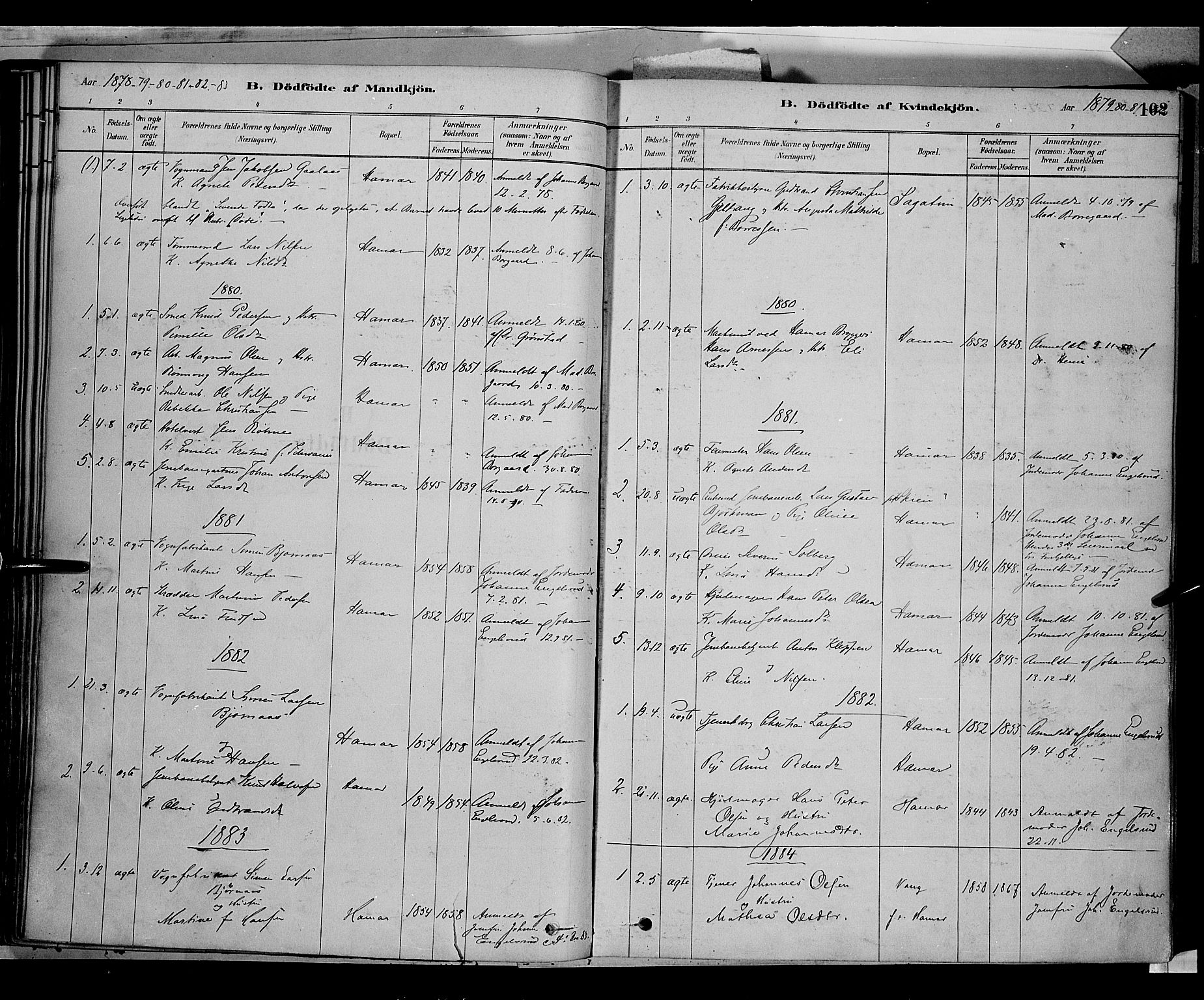 Vang prestekontor, Hedmark, SAH/PREST-008/H/Ha/Haa/L0016: Parish register (official) no. 16, 1878-1889, p. 102