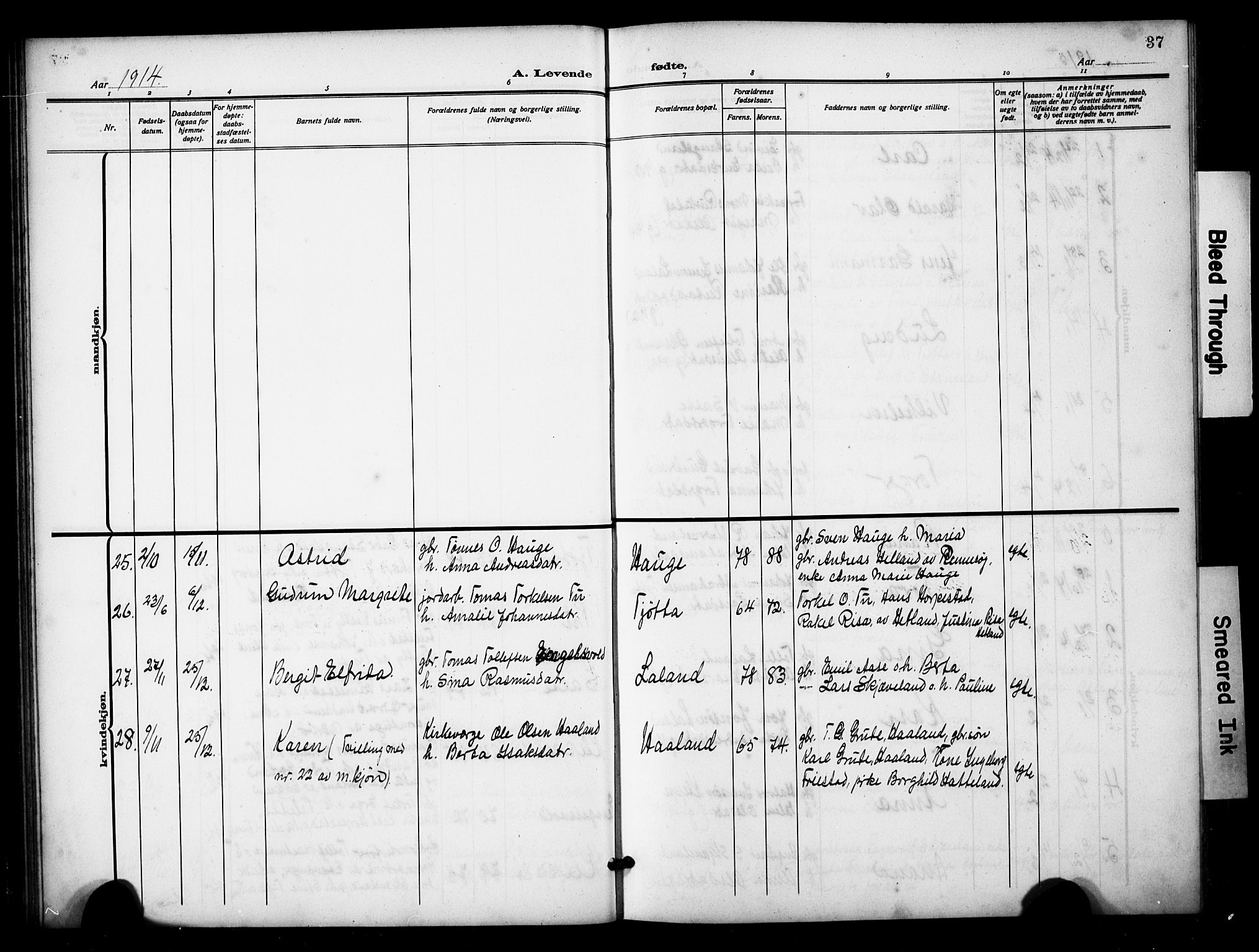 Klepp sokneprestkontor, AV/SAST-A-101803/001/3/30BB/L0007: Parish register (copy) no. B 7, 1908-1934, p. 37