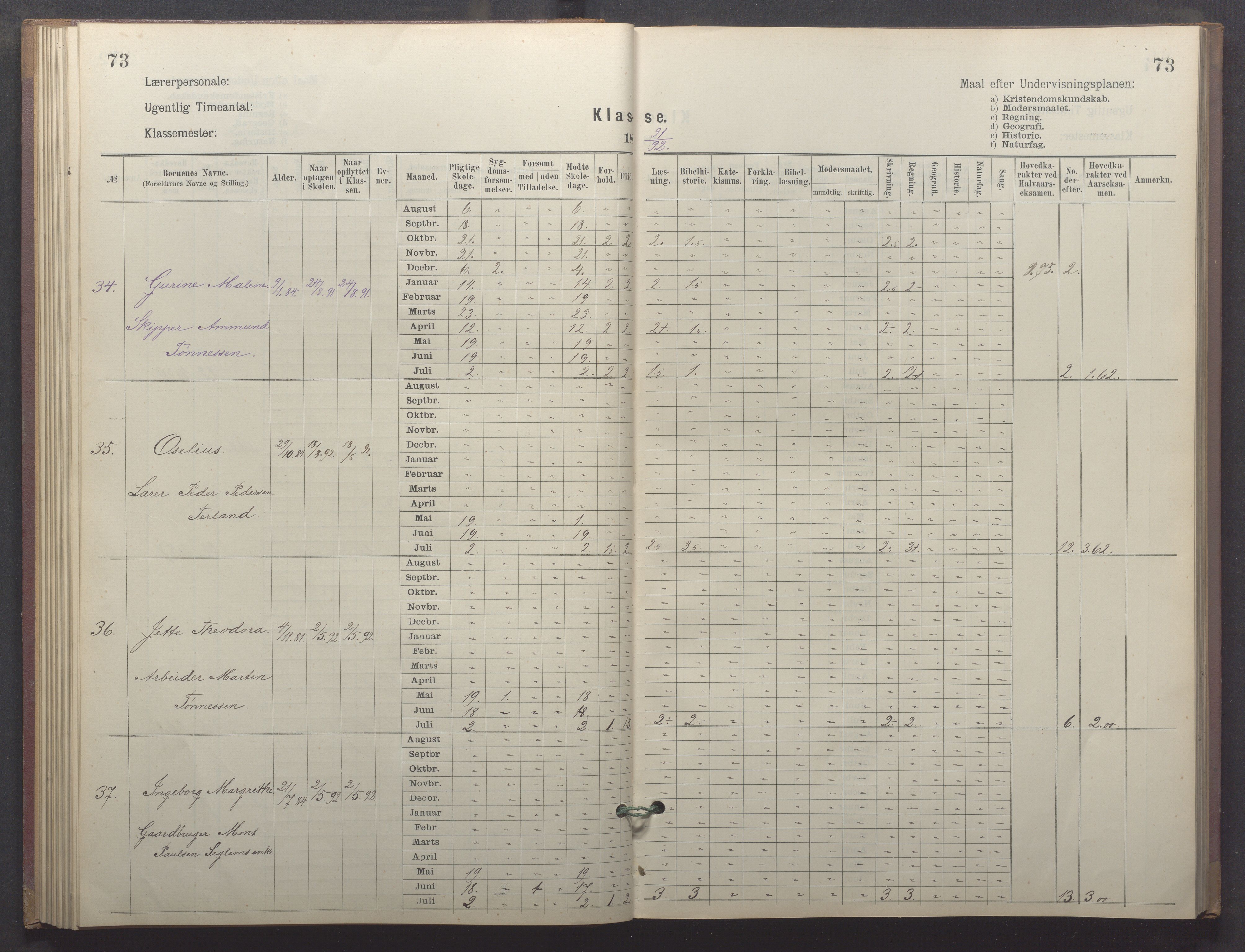 Egersund kommune (Ladested) - Egersund almueskole/folkeskole, IKAR/K-100521/H/L0026: Skoleprotokoll - Almueskolen, 1. klasse, 1889-1893, p. 73