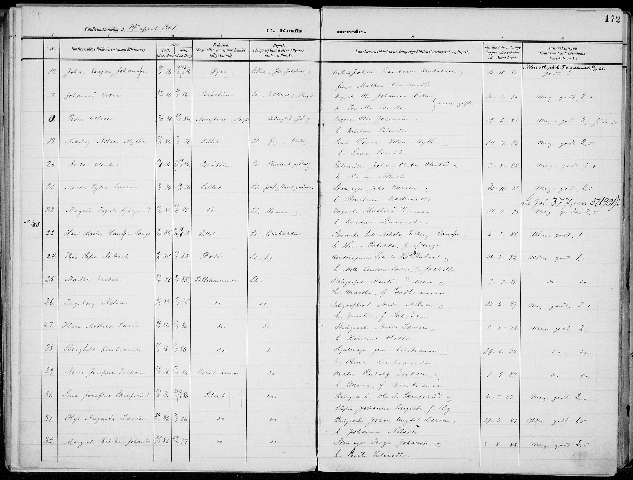 Lillehammer prestekontor, SAH/PREST-088/H/Ha/Haa/L0001: Parish register (official) no. 1, 1901-1916, p. 172
