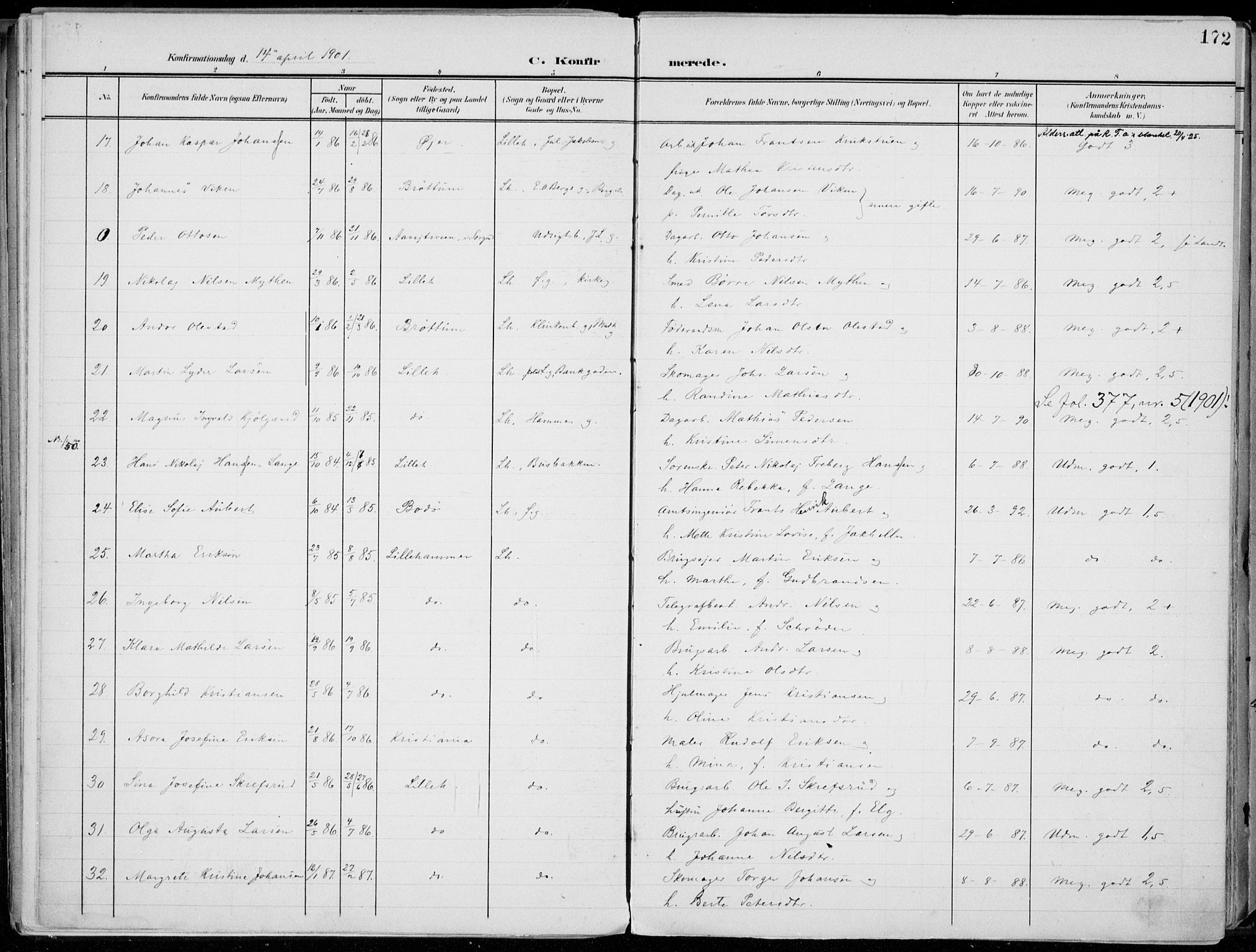 Lillehammer prestekontor, AV/SAH-PREST-088/H/Ha/Haa/L0001: Parish register (official) no. 1, 1901-1916, p. 172