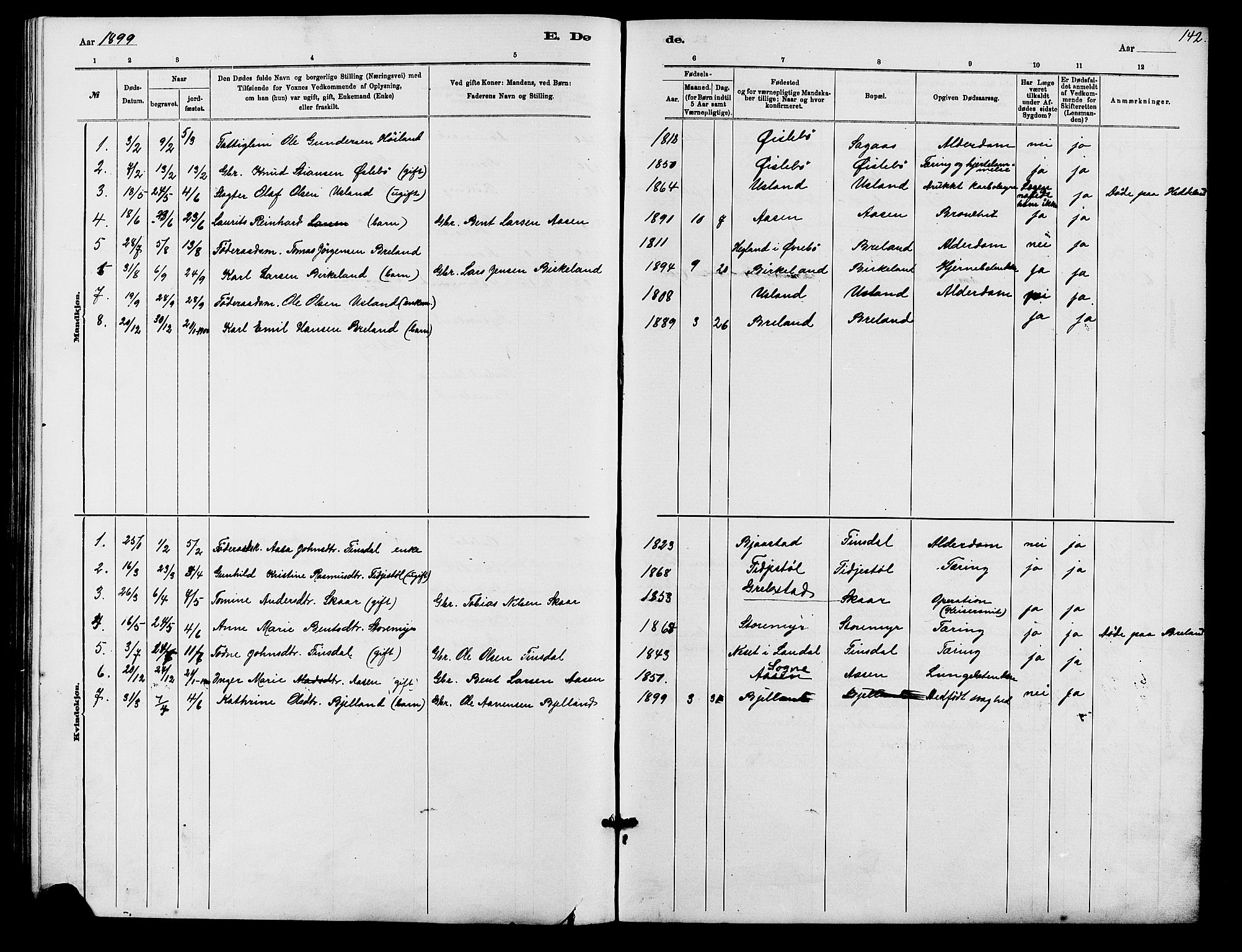 Holum sokneprestkontor, SAK/1111-0022/F/Fb/Fbc/L0003: Parish register (copy) no. B 3, 1882-1908, p. 142