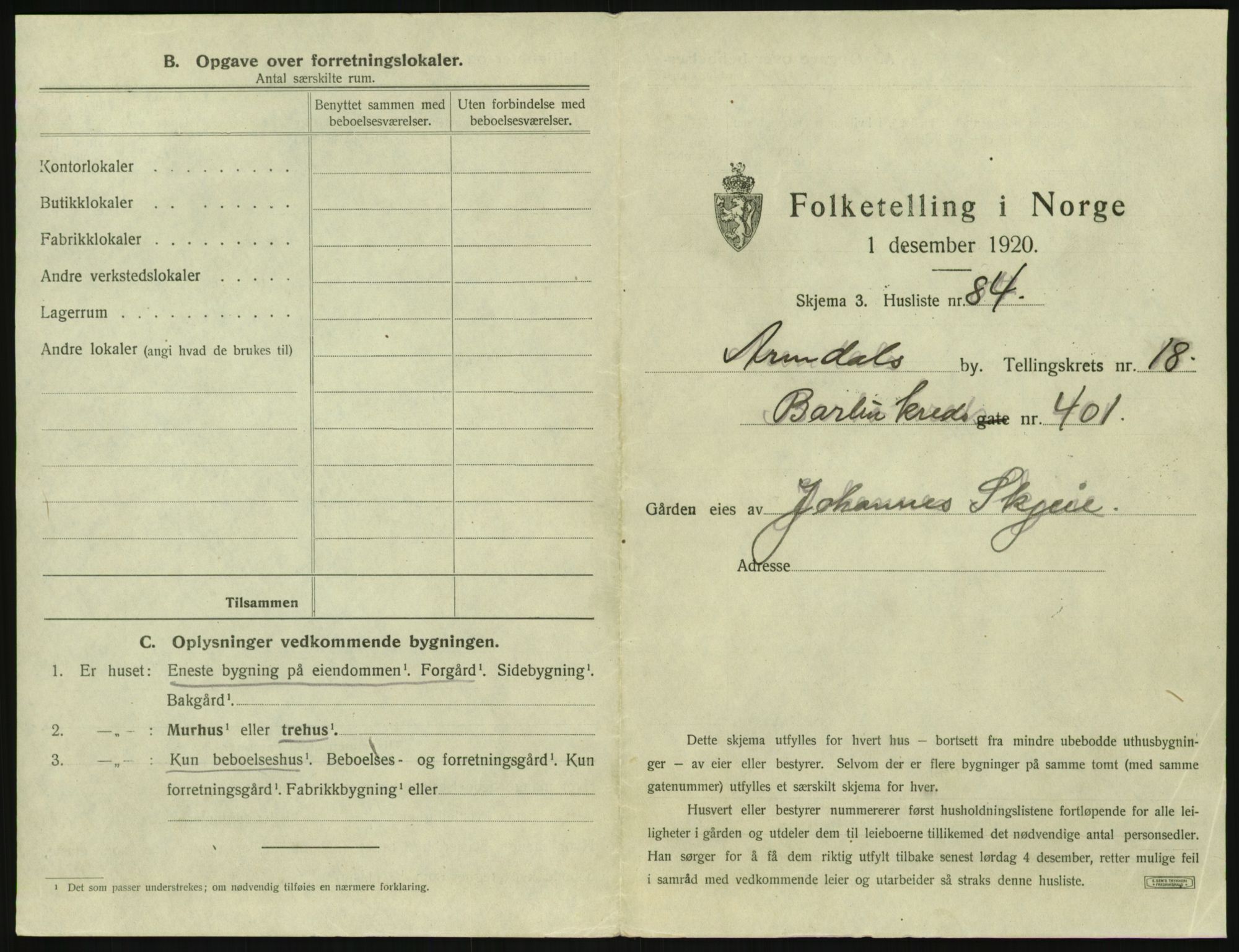 SAK, 1920 census for Arendal, 1920, p. 2908