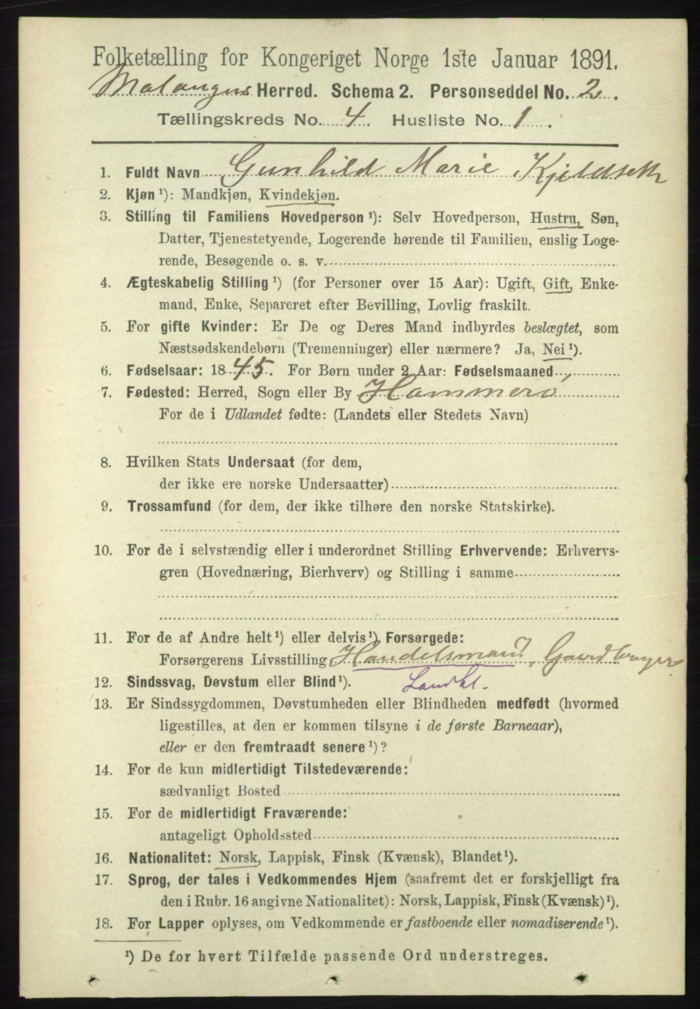 RA, 1891 census for 1932 Malangen, 1891, p. 1095