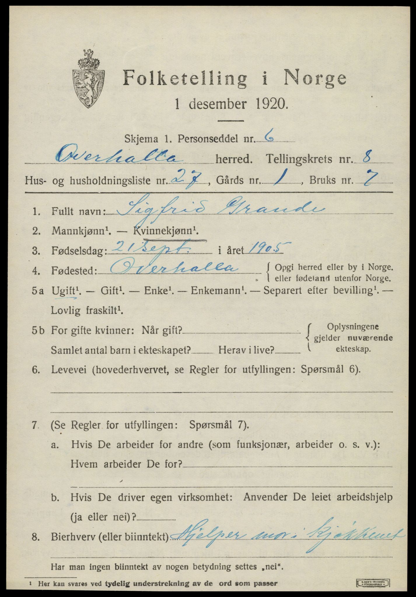 SAT, 1920 census for Overhalla, 1920, p. 5786