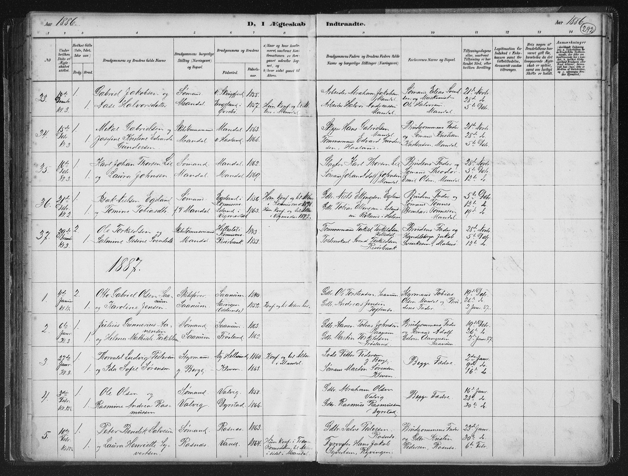 Mandal sokneprestkontor, AV/SAK-1111-0030/F/Fb/Fba/L0011: Parish register (copy) no. B 5, 1880-1898, p. 292