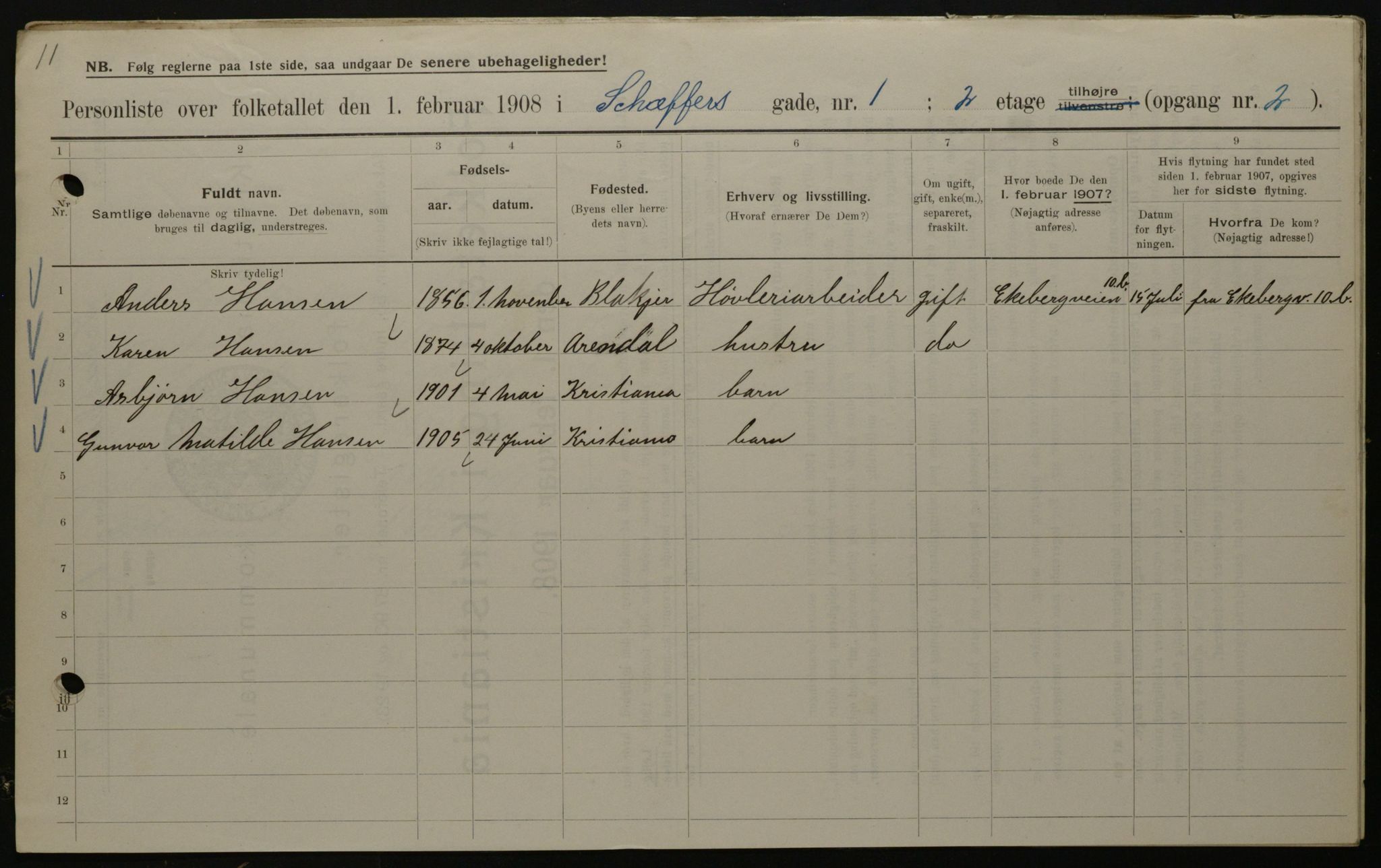 OBA, Municipal Census 1908 for Kristiania, 1908, p. 83662