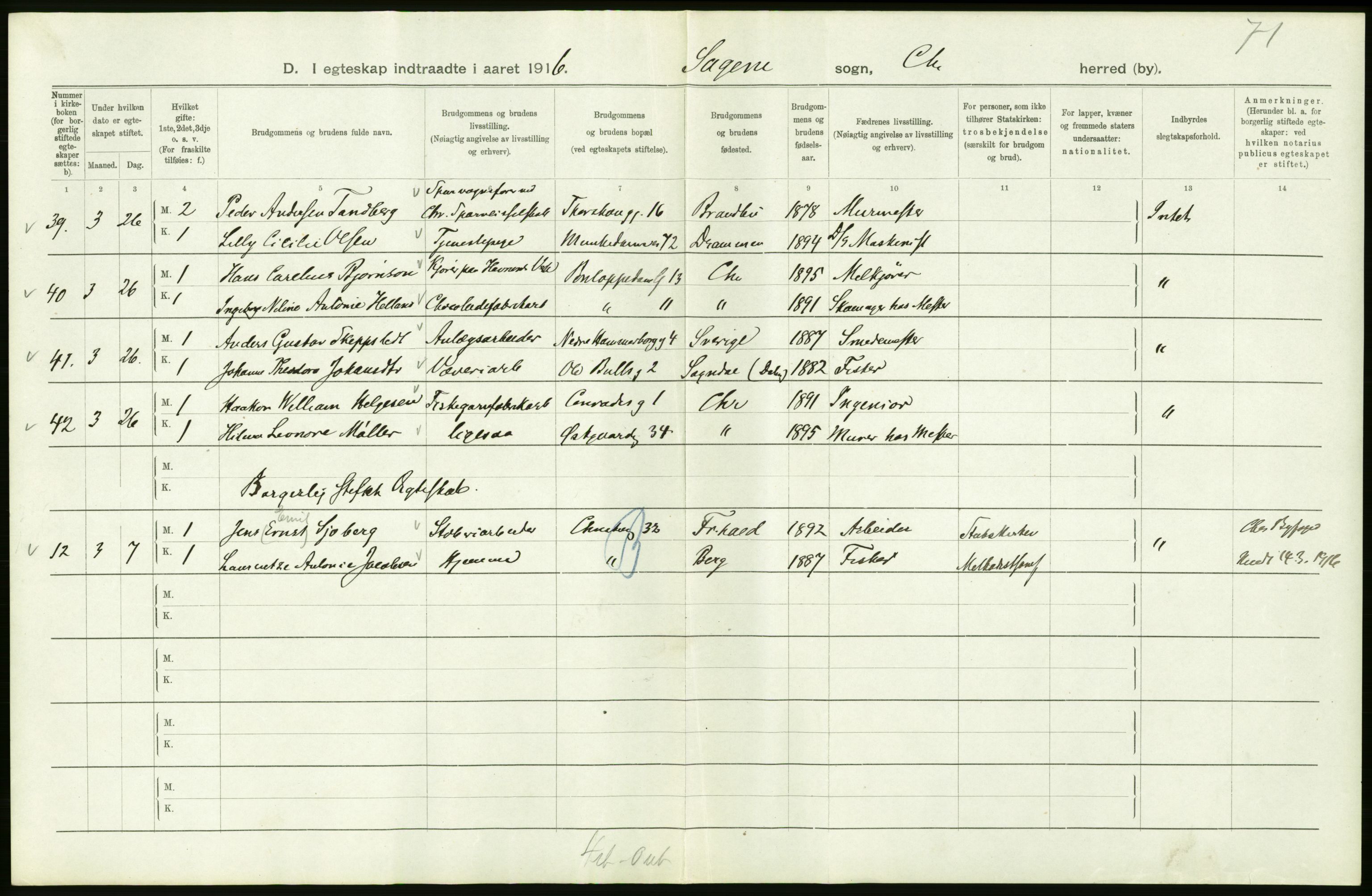 Statistisk sentralbyrå, Sosiodemografiske emner, Befolkning, AV/RA-S-2228/D/Df/Dfb/Dfbf/L0008: Kristiania: Gifte, 1916, p. 84