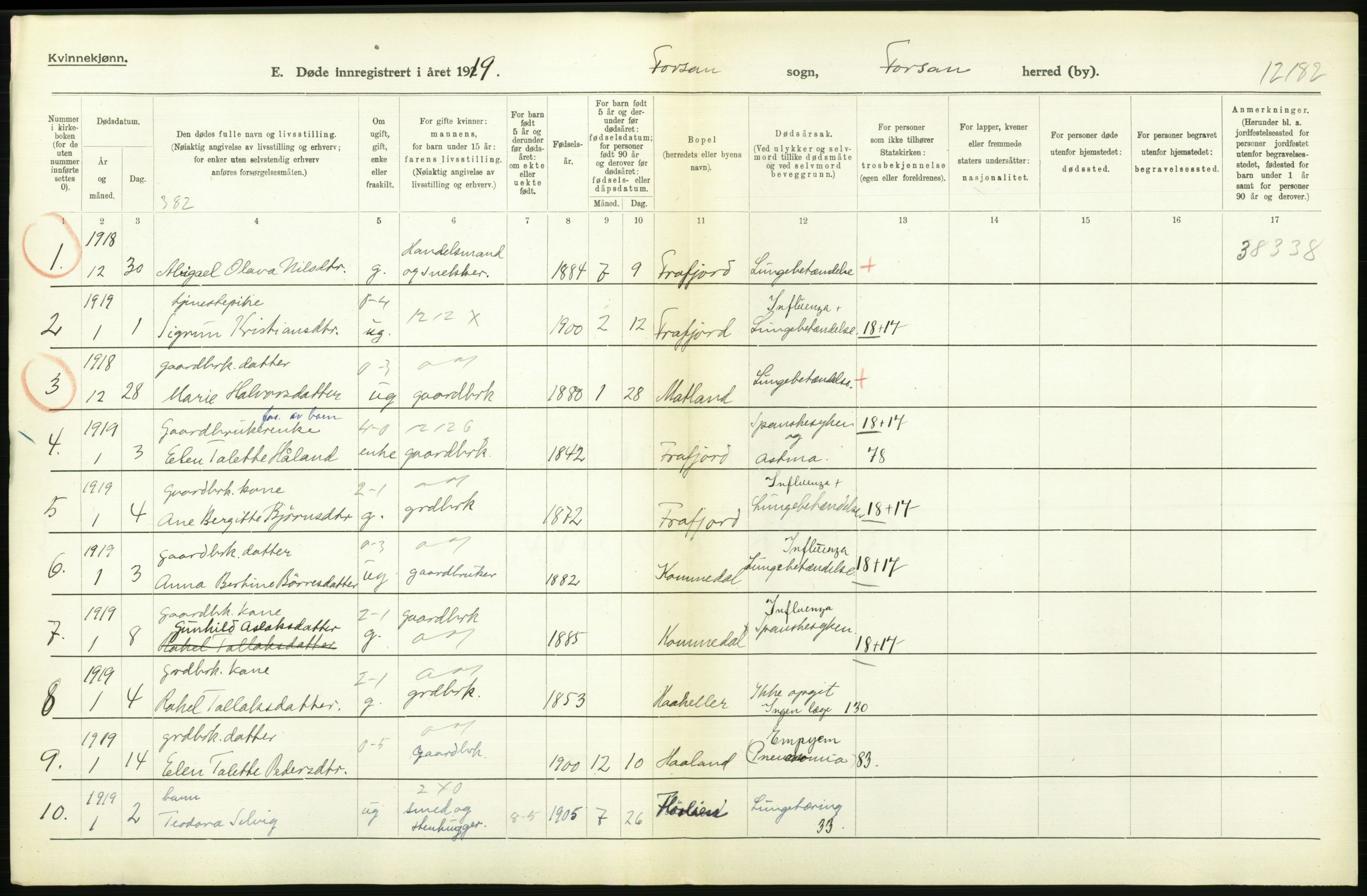 Statistisk sentralbyrå, Sosiodemografiske emner, Befolkning, AV/RA-S-2228/D/Df/Dfb/Dfbi/L0030: Rogaland fylke: Døde. Bygder og byer., 1919, p. 272