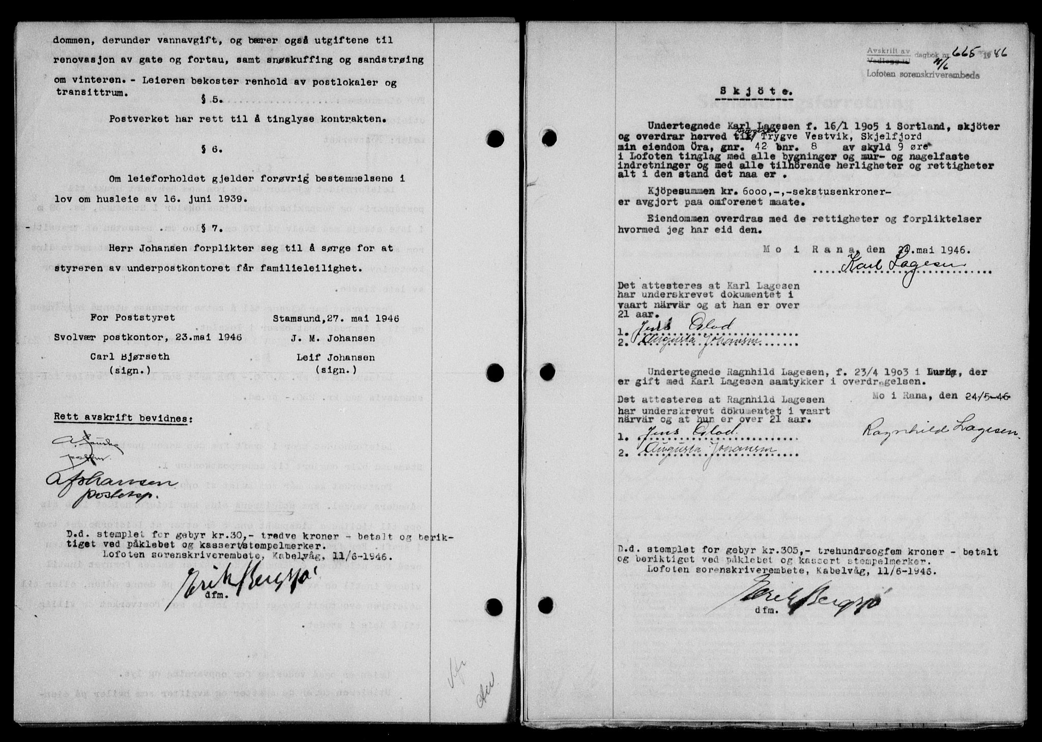 Lofoten sorenskriveri, SAT/A-0017/1/2/2C/L0014a: Mortgage book no. 14a, 1946-1946, Diary no: : 665/1946
