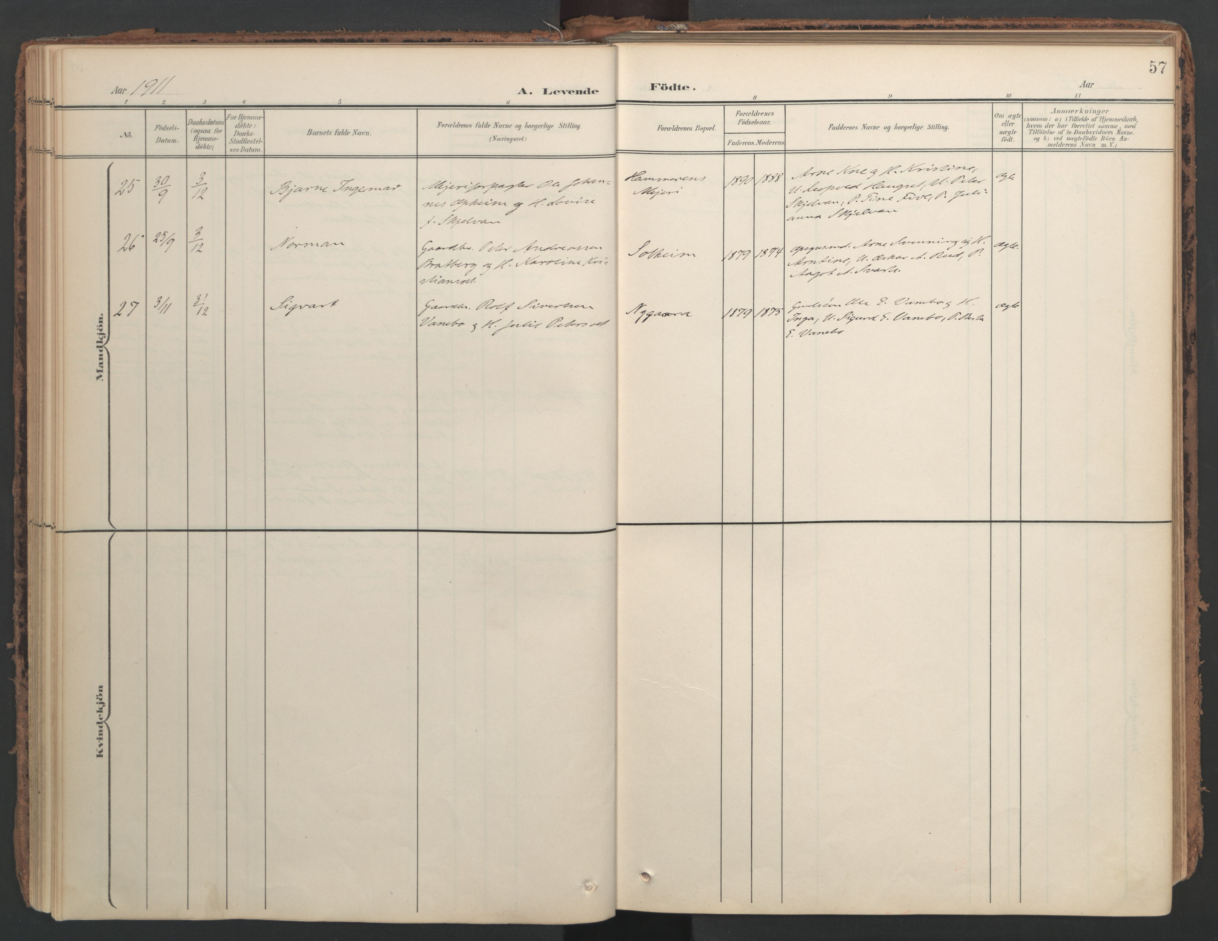 Ministerialprotokoller, klokkerbøker og fødselsregistre - Nord-Trøndelag, SAT/A-1458/741/L0397: Parish register (official) no. 741A11, 1901-1911, p. 57