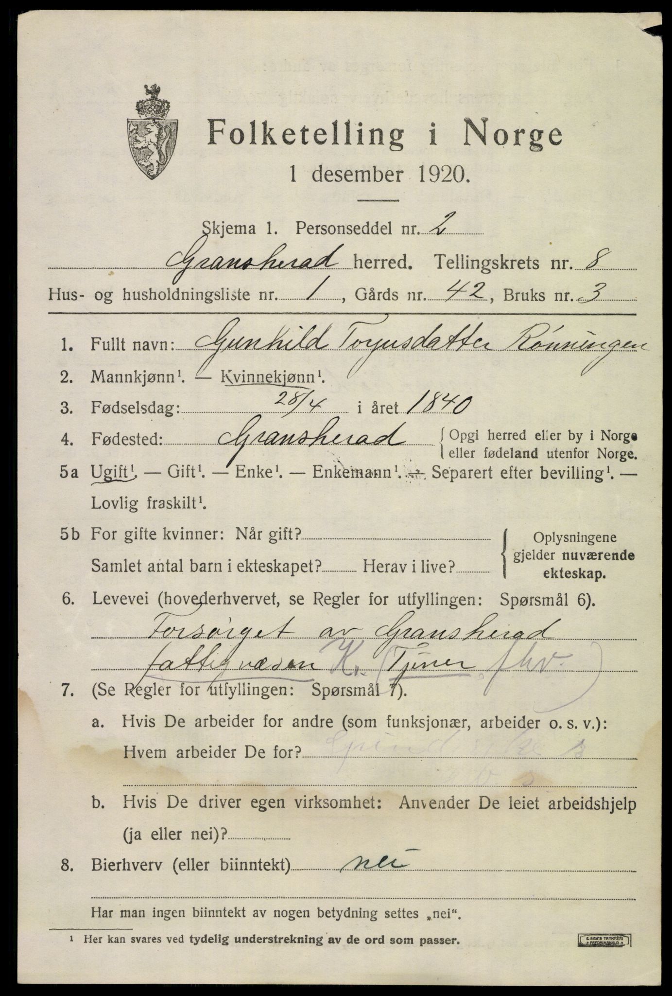 SAKO, 1920 census for Gransherad, 1920, p. 3138