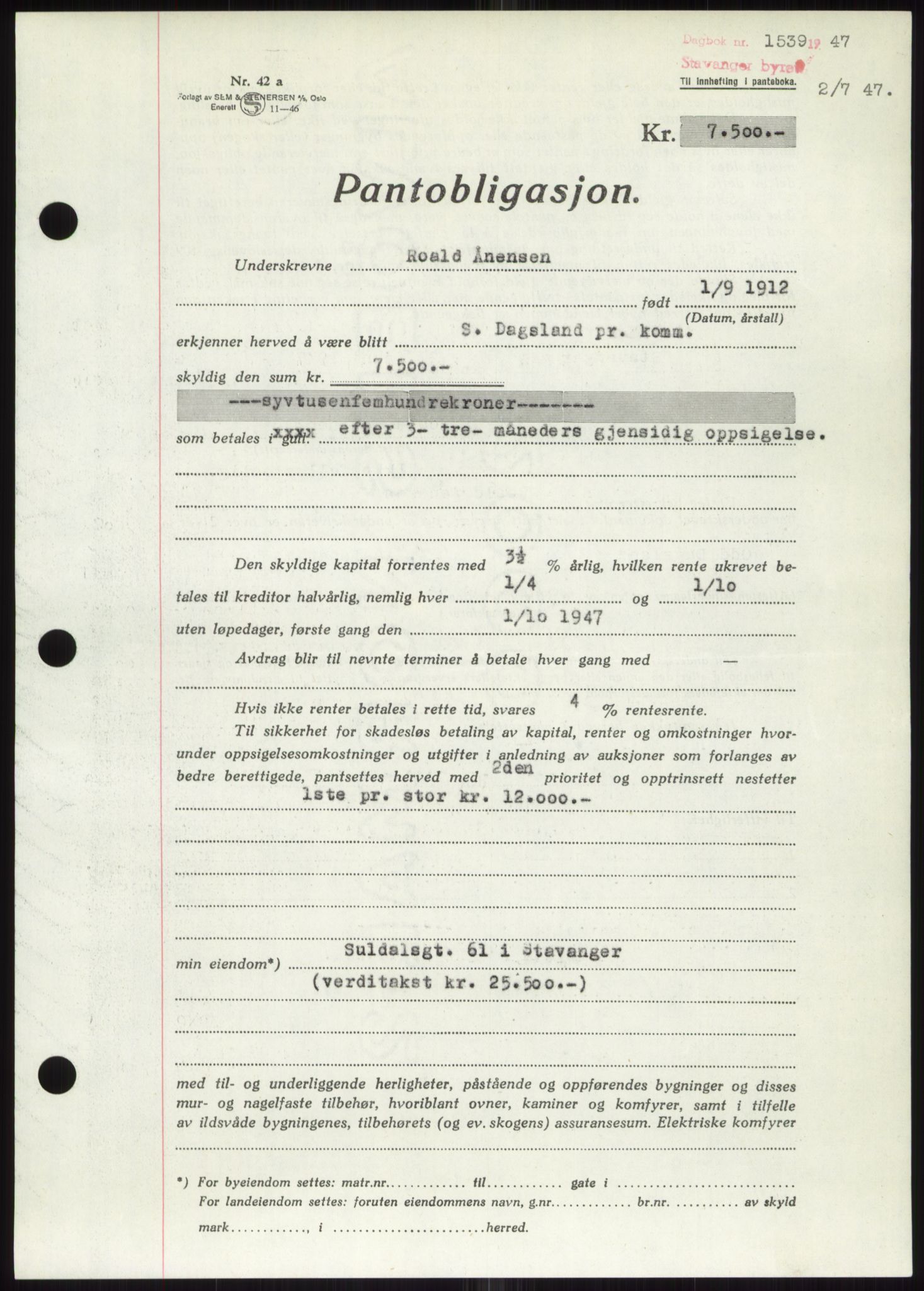 Stavanger byrett, SAST/A-100455/002/G/Gb/L0032: Mortgage book, 1947-1950, Diary no: : 1539/1947