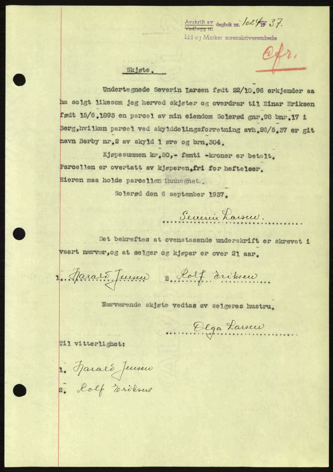 Idd og Marker sorenskriveri, AV/SAO-A-10283/G/Gb/Gbb/L0002: Mortgage book no. A2, 1937-1938, Diary no: : 1024/1937