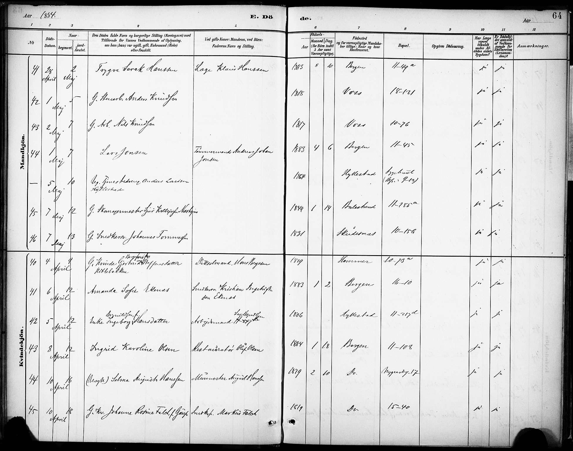 Domkirken sokneprestembete, AV/SAB-A-74801/H/Haa/L0043: Parish register (official) no. E 5, 1882-1904, p. 64